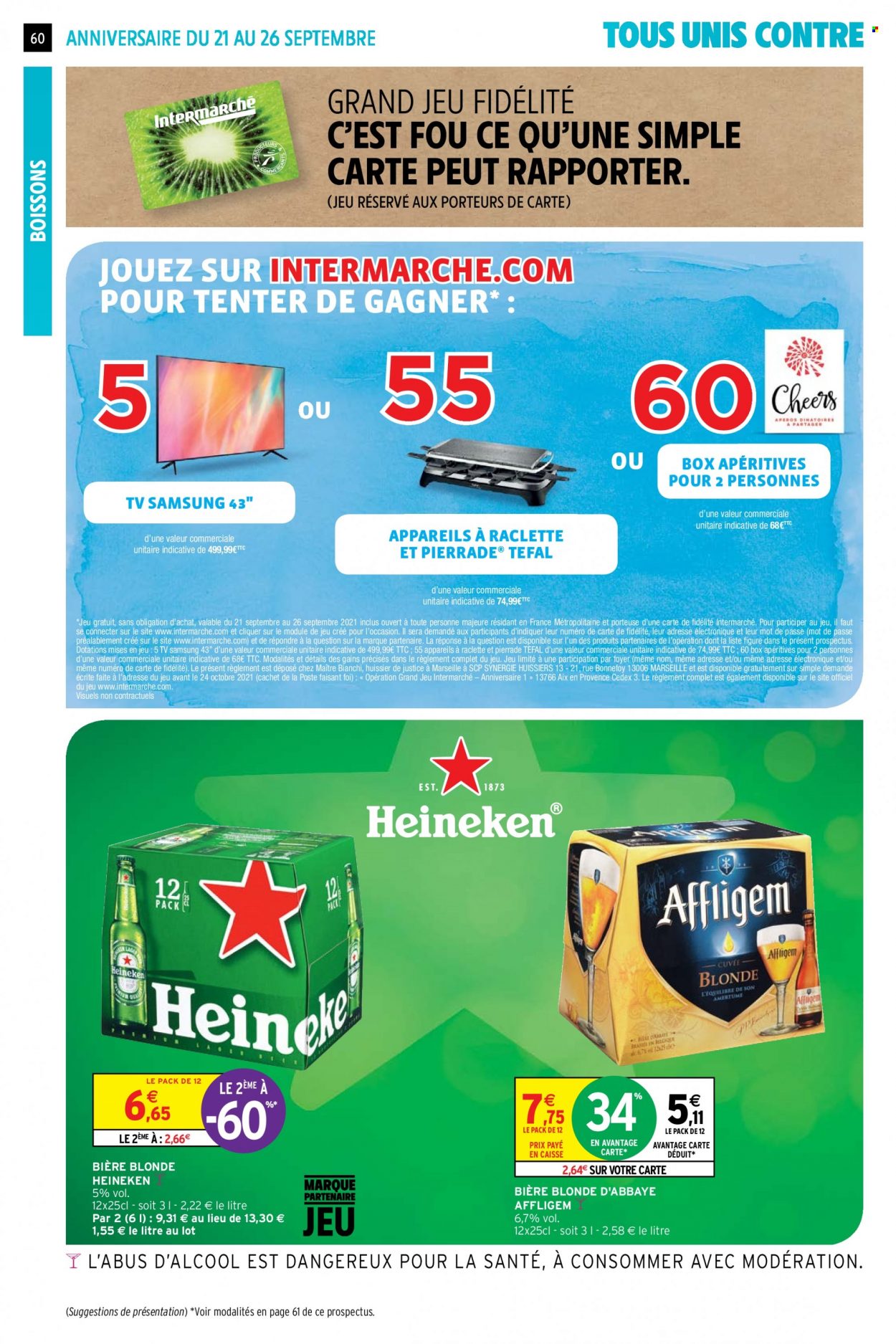 thumbnail - Catalogue Intermarché Super - 21/09/2021 - 26/09/2021 - Produits soldés - bière, bière blonde, Heineken, Samsung, Tefal, La Raclette, téléviseur. Page 60.