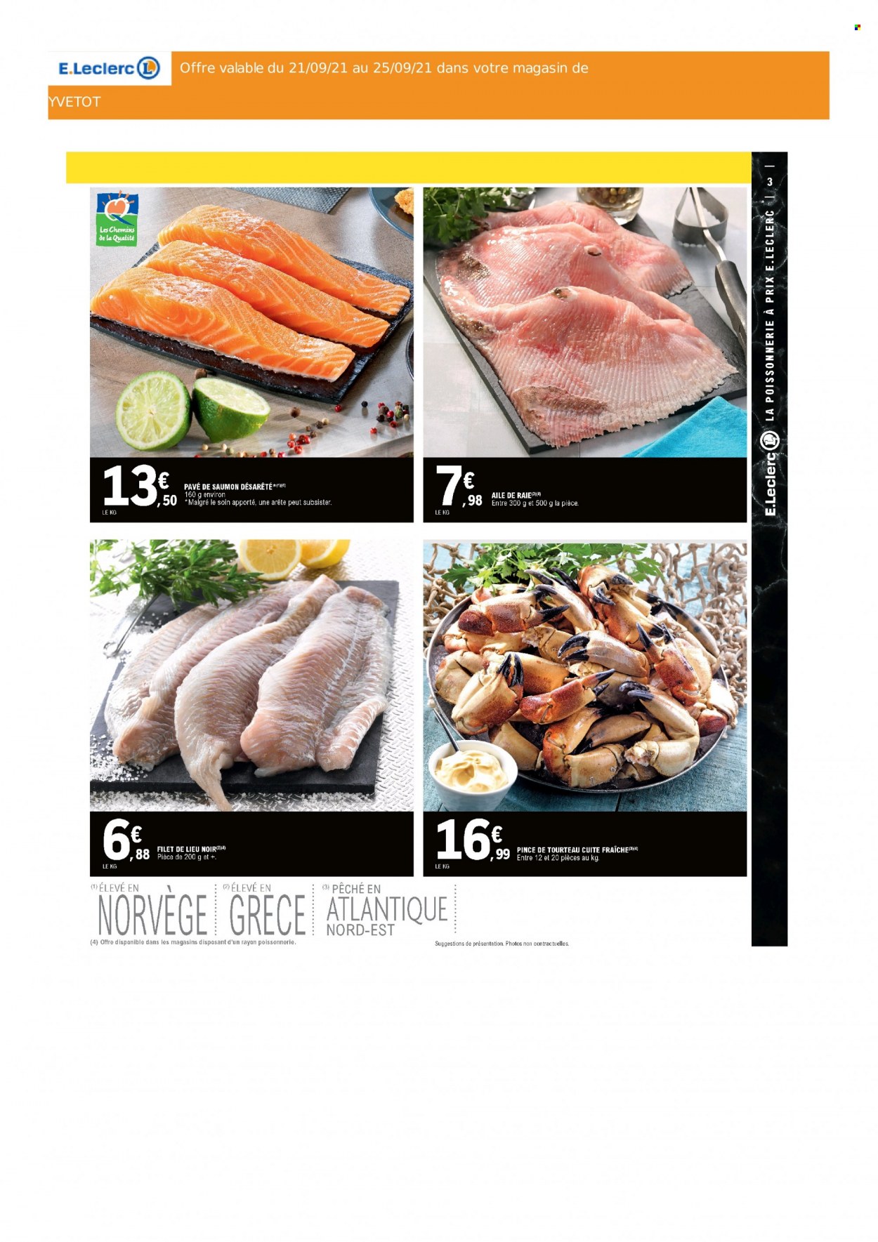thumbnail - Catalogue E.Leclerc - 21/09/2021 - 25/09/2021 - Produits soldés - saumon, tourteau, raie, filet de lieu. Page 3.