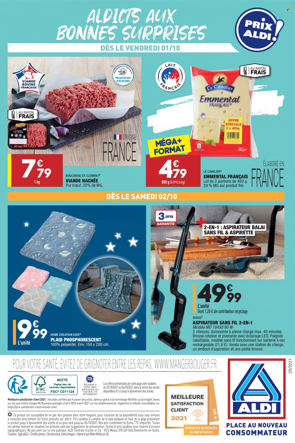 thumbnail - Catalogue ALDI - 28/09/2021 - 04/10/2021 - Produits soldés - viande hachée, emmental, fromage, plaid, aspirateur, aspirateur balai. Page 34.