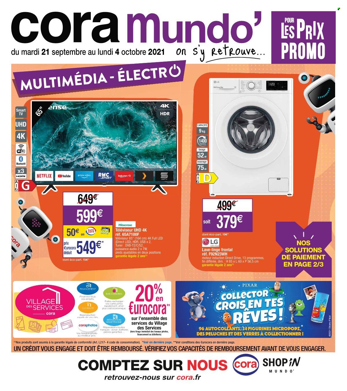 thumbnail - Catalogue Cora - 21/09/2021 - 04/10/2021 - Produits soldés - LG, smartphone, Hisense, téléviseur, smart tv, lave linge, peluche. Page 1.