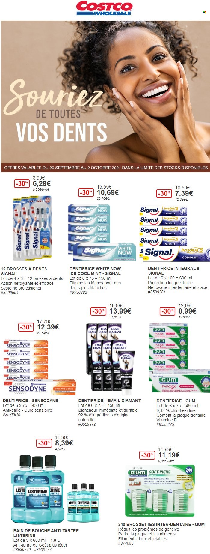 thumbnail - Catalogue Costco - 20/09/2021 - 02/10/2021 - Produits soldés - bain de bouche, dentifrice, Signal, Sensodyne, Listerine. Page 1.