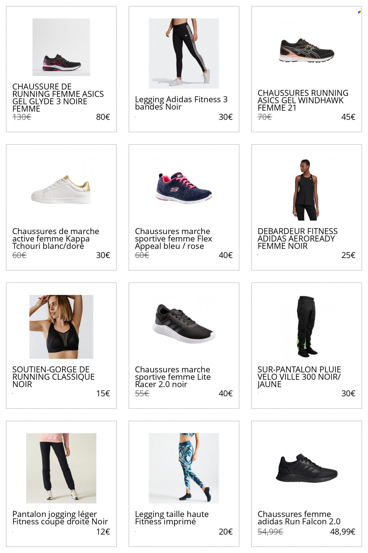 thumbnail - Catalogue Decathlon - Produits soldés - Adidas, Asics, chaussures de marche, Kappa, chaussure, vélo, pantalon, débardeur, soutien-gorge, leggings. Page 1.