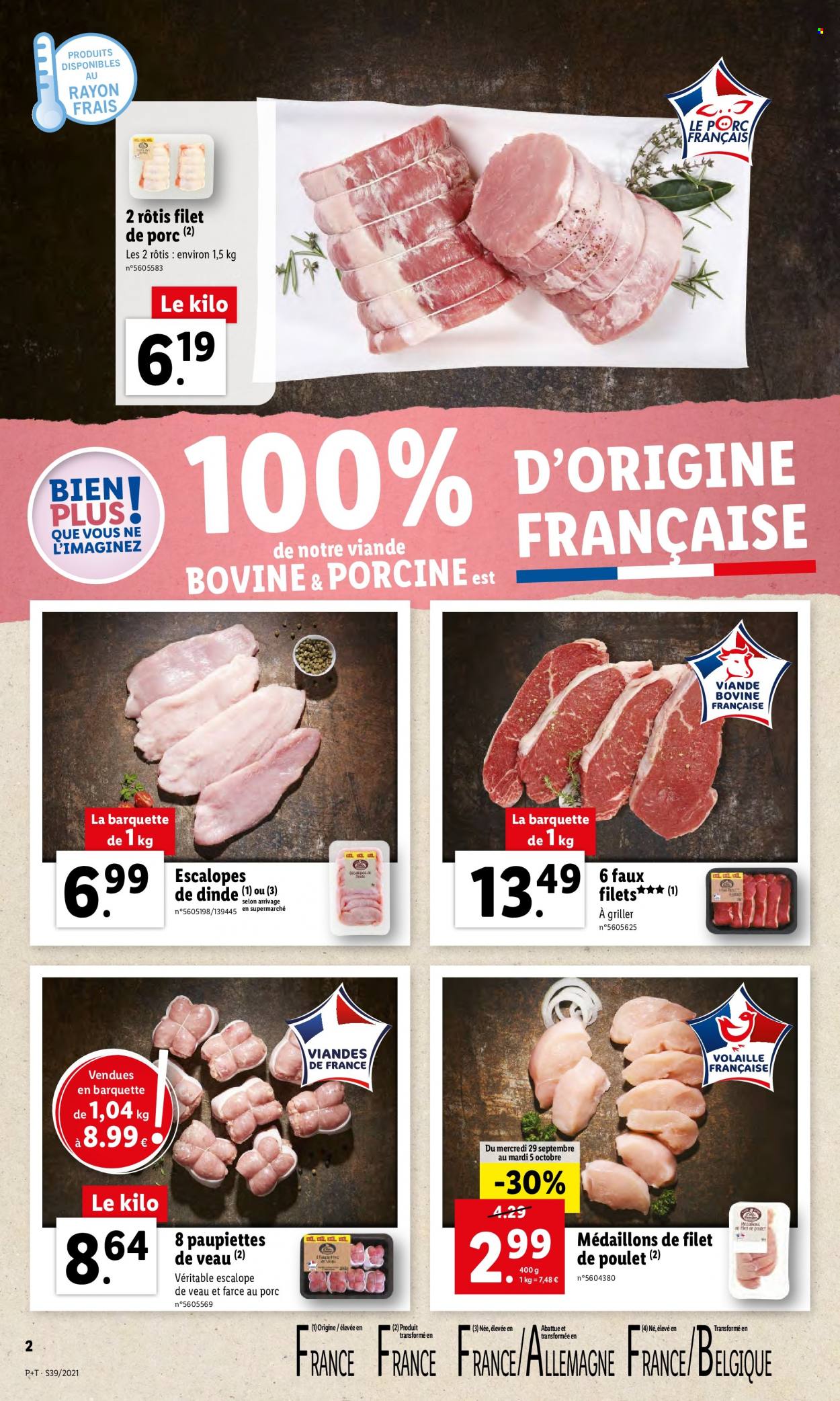 thumbnail - Catalogue Lidl - 29/09/2021 - 05/10/2021 - Produits soldés - escalope, rôti de porc, viande de porc, paupiette, filet de poulet, viande de poulet, viande de dinde, escalope de dinde, escalope de veau. Page 2.