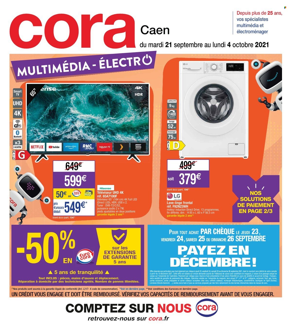 thumbnail - Catalogue Cora - 21/09/2021 - 04/10/2021 - Produits soldés - alcool, Hisense, téléviseur, smart tv, lave linge. Page 1.
