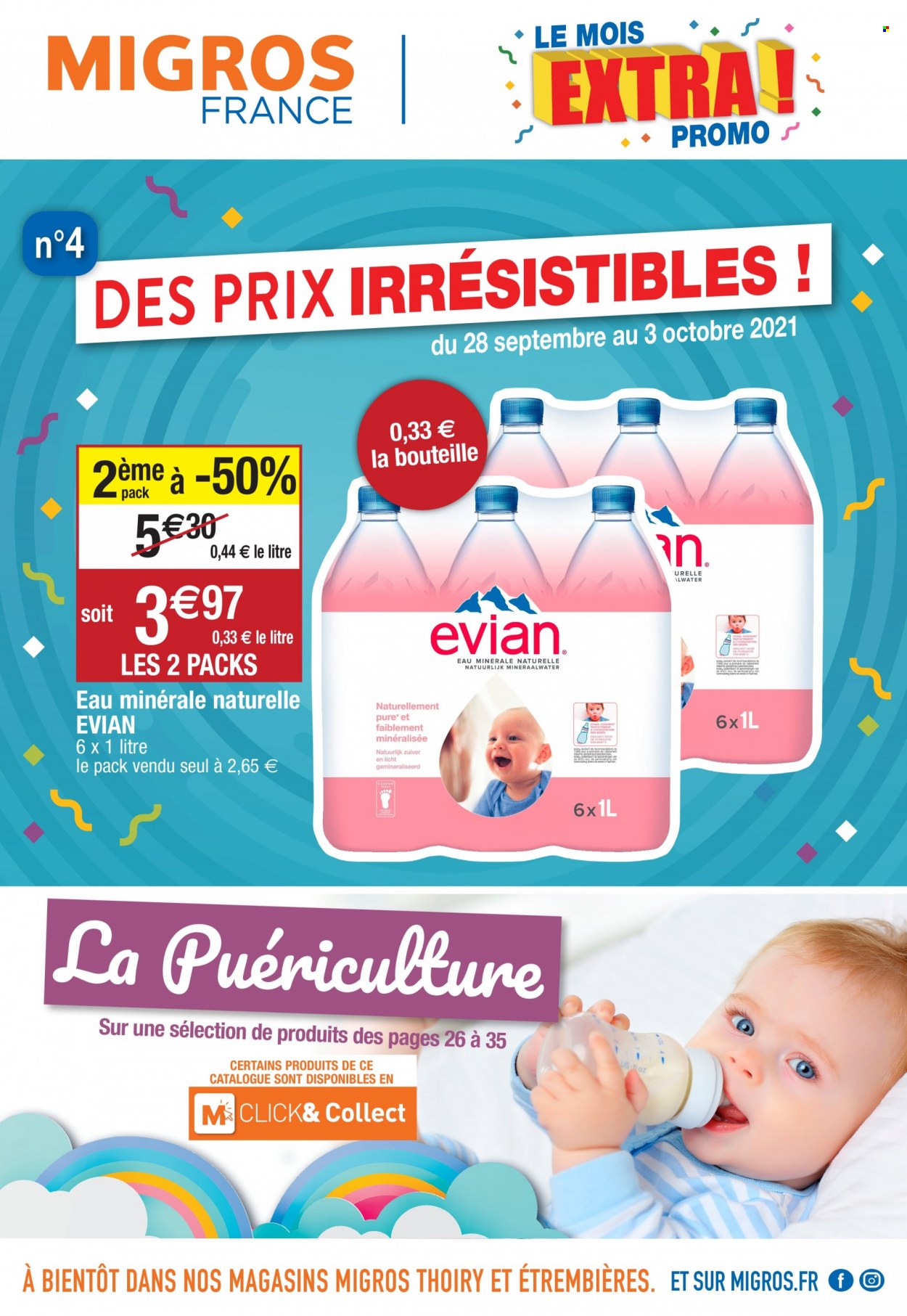 Catalogue Migros France - 28/09/2021 - 03/10/2021 - Produits soldés - eau minérale, eau minérale naturelle, Évian. Page 1.