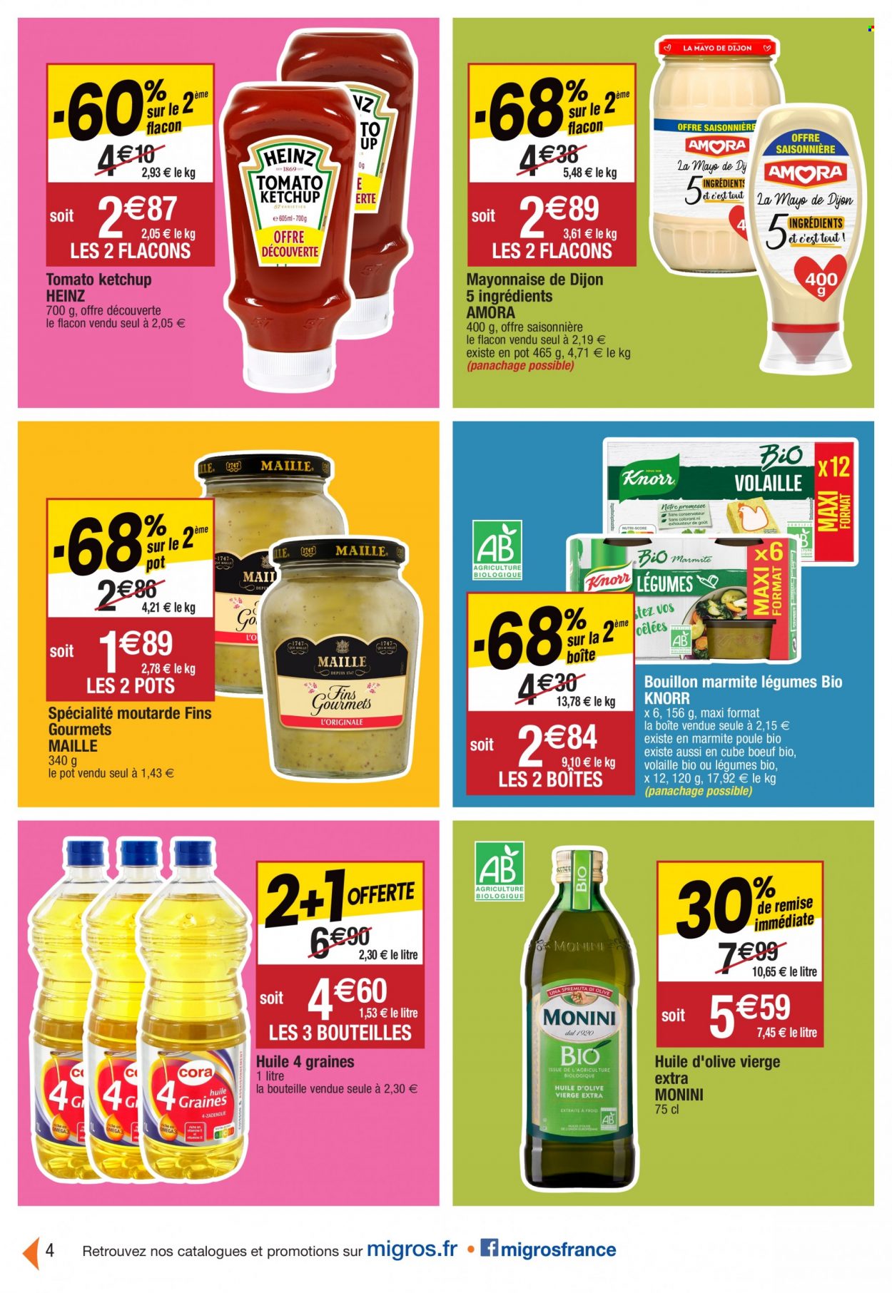 thumbnail - Catalogue Migros France - 28/09/2021 - 03/10/2021 - Produits soldés - Knorr, mayonnaise, bouillon, Heinz, moutarde, ketchup, Maille, huile, huile d'olive vierge extra, huile d'olive. Page 4.