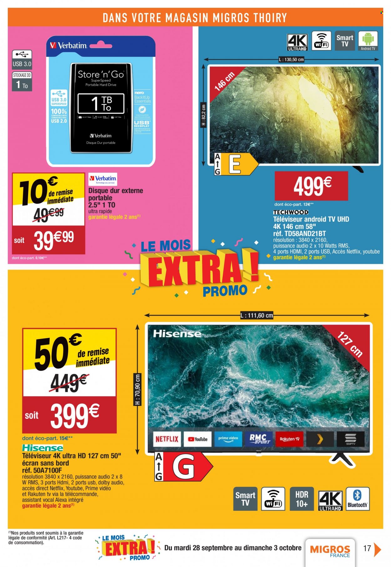 thumbnail - Catalogue Migros France - 28/09/2021 - 03/10/2021 - Produits soldés - disque dur externe, téléviseur, android tv, smart tv. Page 17.