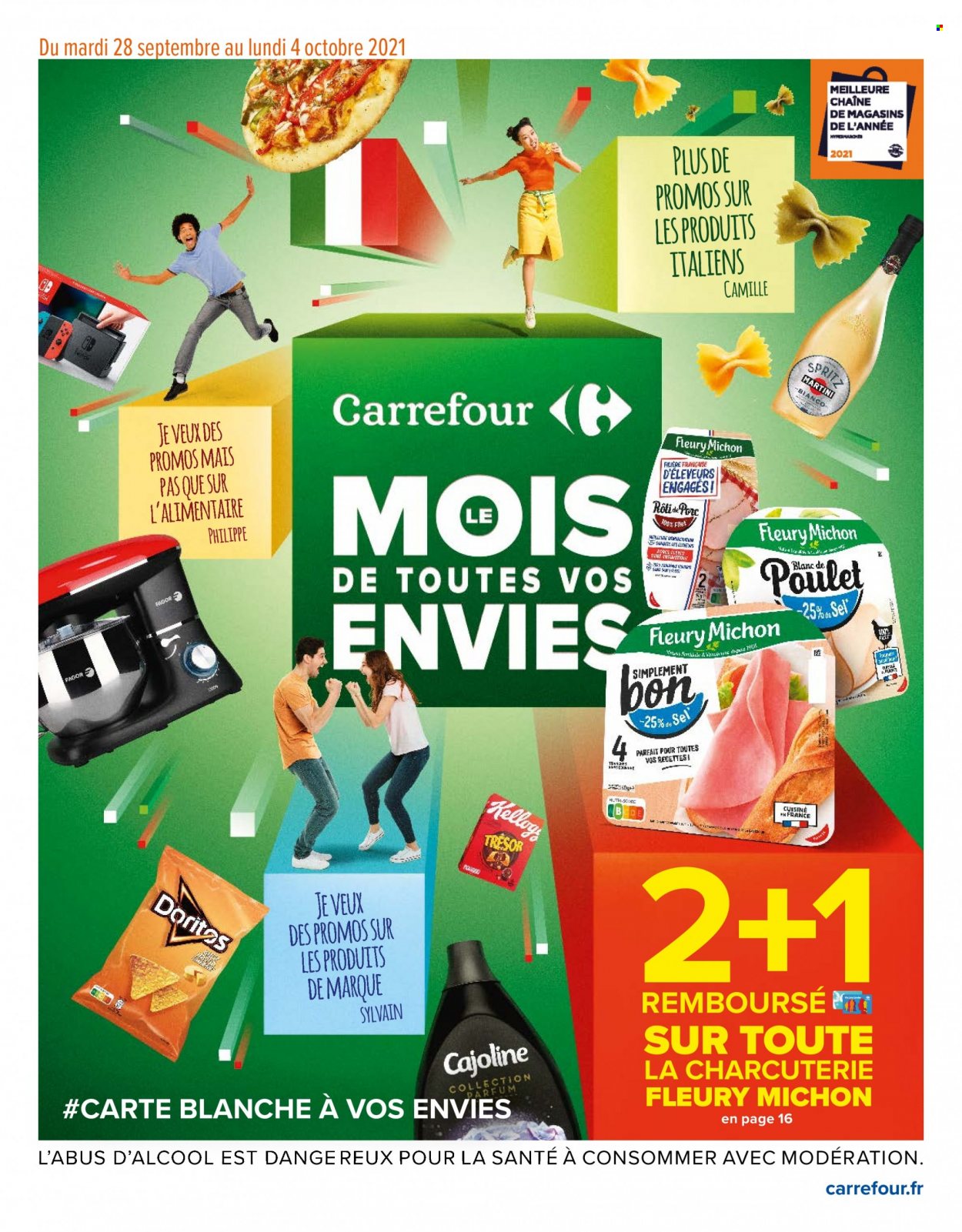 thumbnail - Catalogue Carrefour Hypermarchés - 28/09/2021 - 04/10/2021 - Produits soldés - poulet, Fleury Michon, Doritos, sel, Martini, Spritz, Cajoline. Page 1.