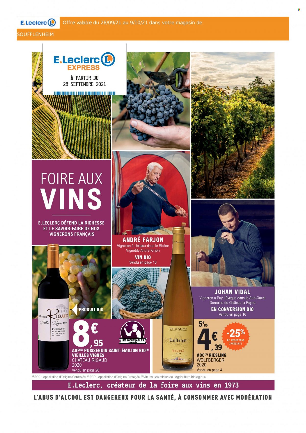 thumbnail - Catalogue E.Leclerc - Produits soldés - vin blanc, vin d’Alsace, vin, Riesling. Page 1.
