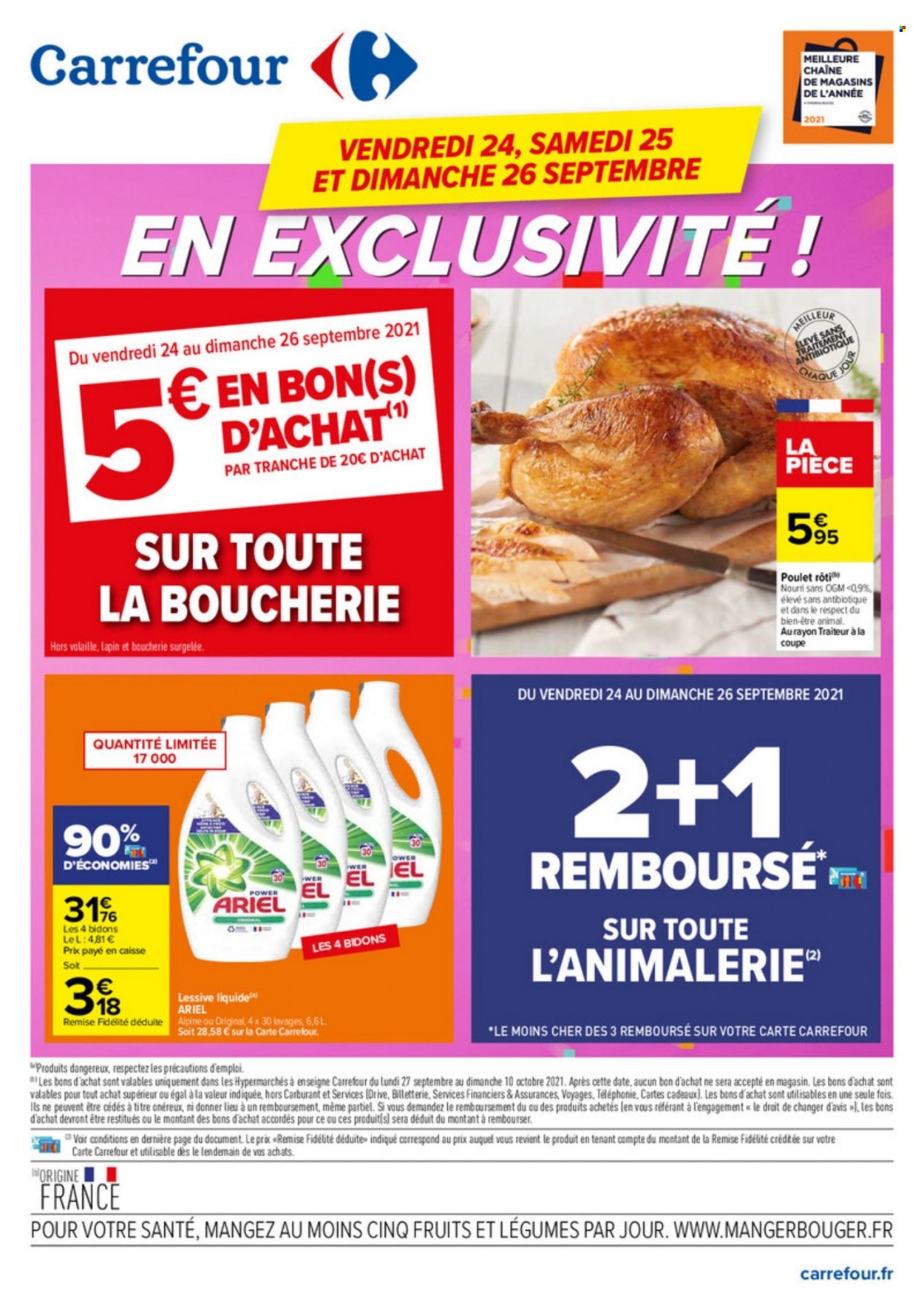 thumbnail - Catalogue Carrefour - 24/09/2021 - 26/09/2021 - Produits soldés - poulet, poulet rôti, Ariel, lessive. Page 1.