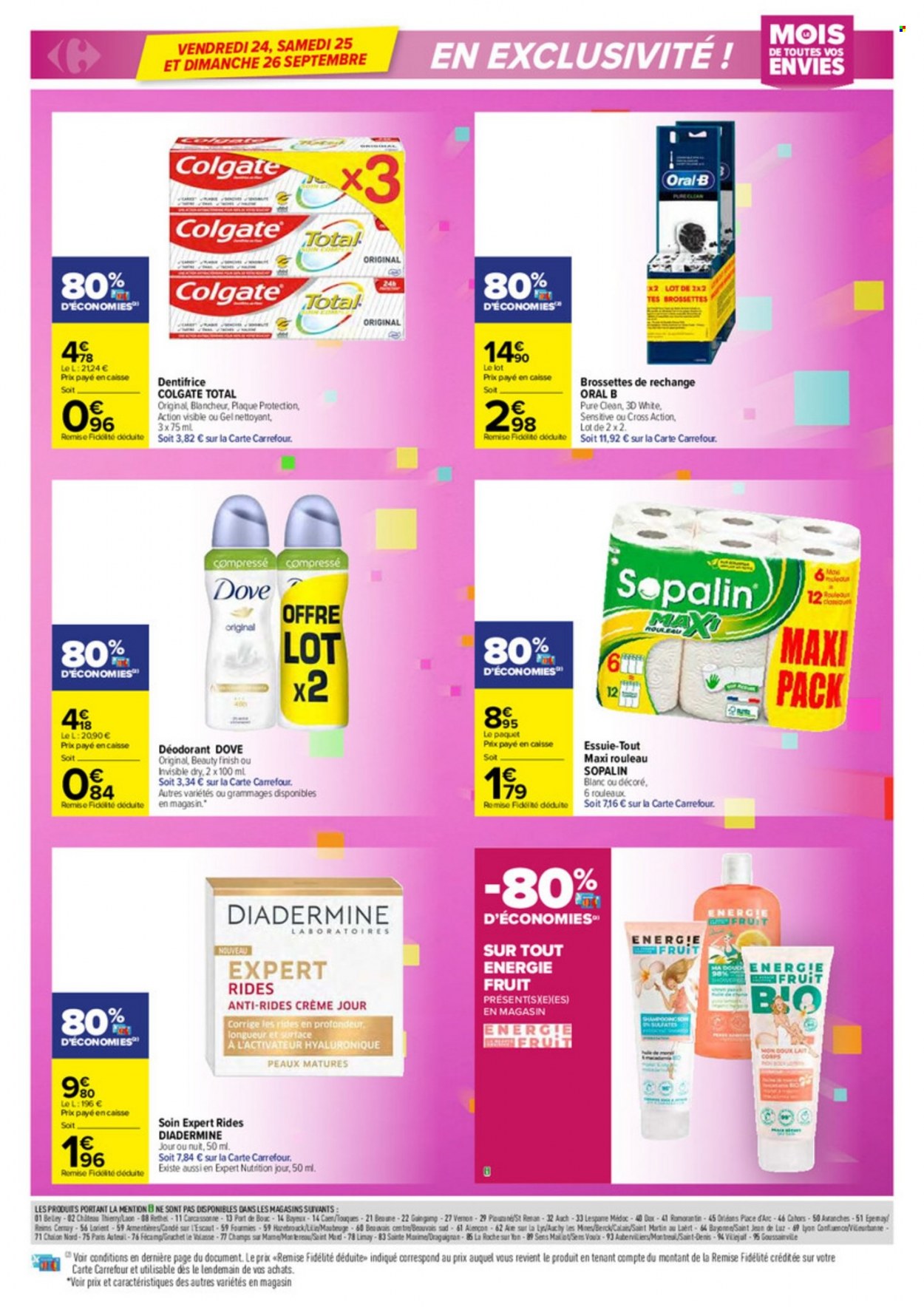 thumbnail - Catalogue Carrefour - 24/09/2021 - 26/09/2021 - Produits soldés - Dove, Sopalin, essuie-tout, Finish, Colgate, dentifrice, Oral-b, crème de jour, Diadermine, déodorant, desodorisant, portant. Page 2.