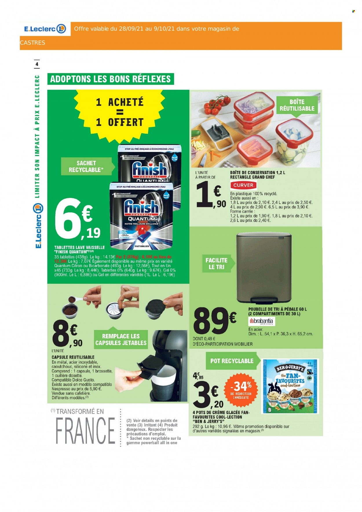 thumbnail - Catalogue E.Leclerc - Produits soldés - glace, Finish, tablettes lave-vaisselle, sac, poubelle, boîte alimentaire, cuillère, cafetière. Page 4.