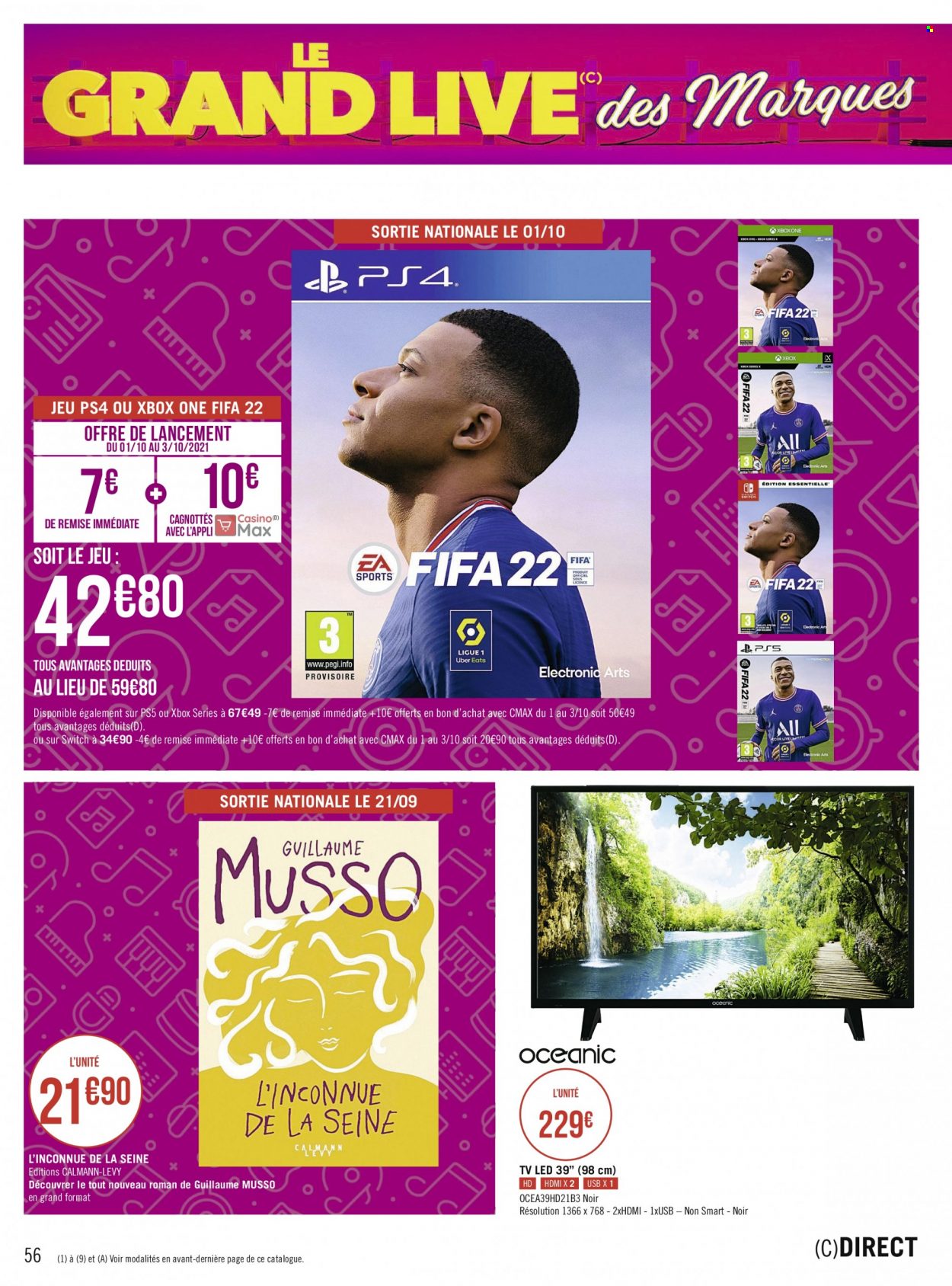 thumbnail - Catalogue Géant Casino - 27/09/2021 - 10/10/2021 - Produits soldés - Xbox, Xbox One, PS4, PS5, téléviseur, téléviseur LED. Page 56.