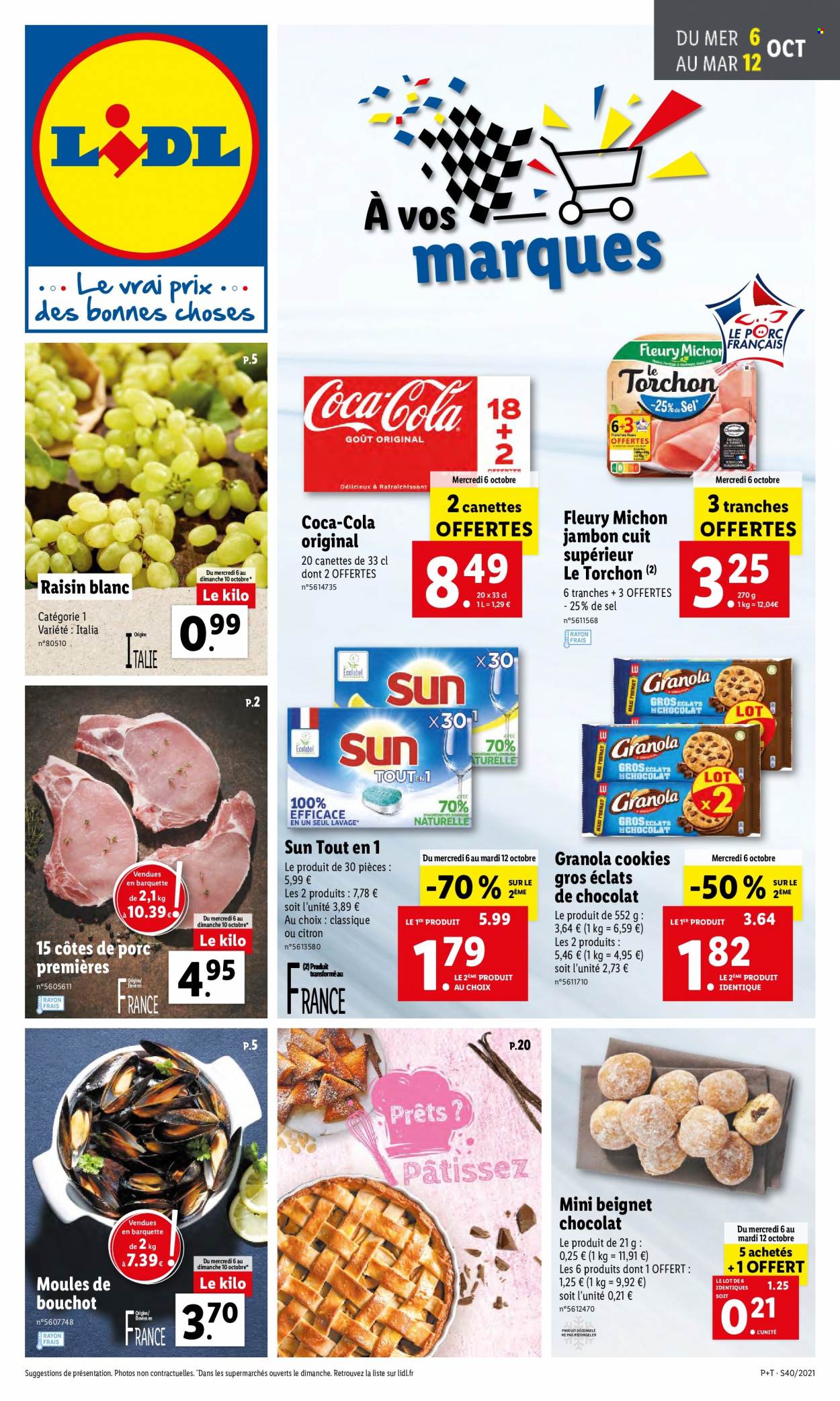 thumbnail - Catalogue Lidl - 06/10/2021 - 12/10/2021 - Produits soldés - côtes de porc, viande de porc, beignets, moules, Fleury Michon, jambon, biscuits, granola, cookies, raisins, Coca-Cola, torchon. Page 1.