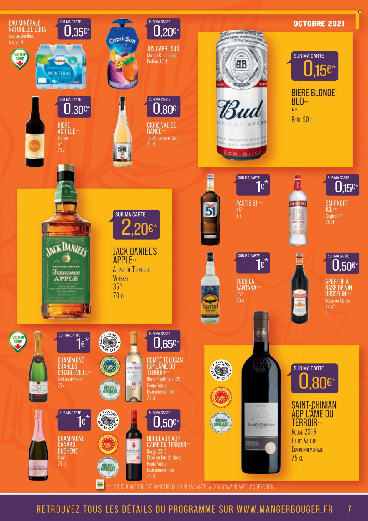 thumbnail - Catalogue Supermarché Match - 01/10/2021 - 31/10/2021 - Produits soldés - bière, bière blonde, Capri-Sun, eau minérale, eau minérale naturelle, Bordeaux, champagne, cidre, tequila, vodka, whisky, pastis, apéritif, Smirnoff, Apple. Page 7.