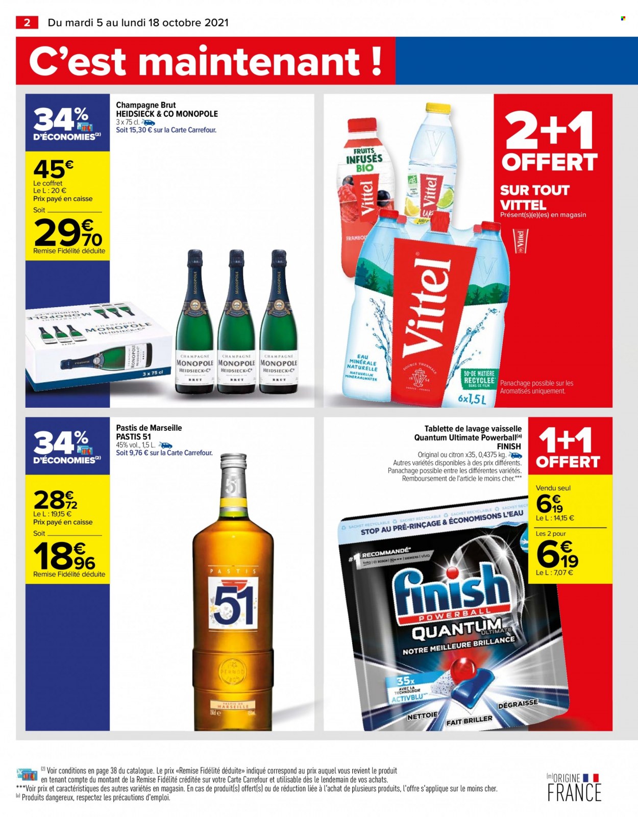 thumbnail - Catalogue Carrefour Hypermarchés - 05/10/2021 - 18/10/2021 - Produits soldés - alcool, Vittel, champagne, pastis, Finish, tablette. Page 2.