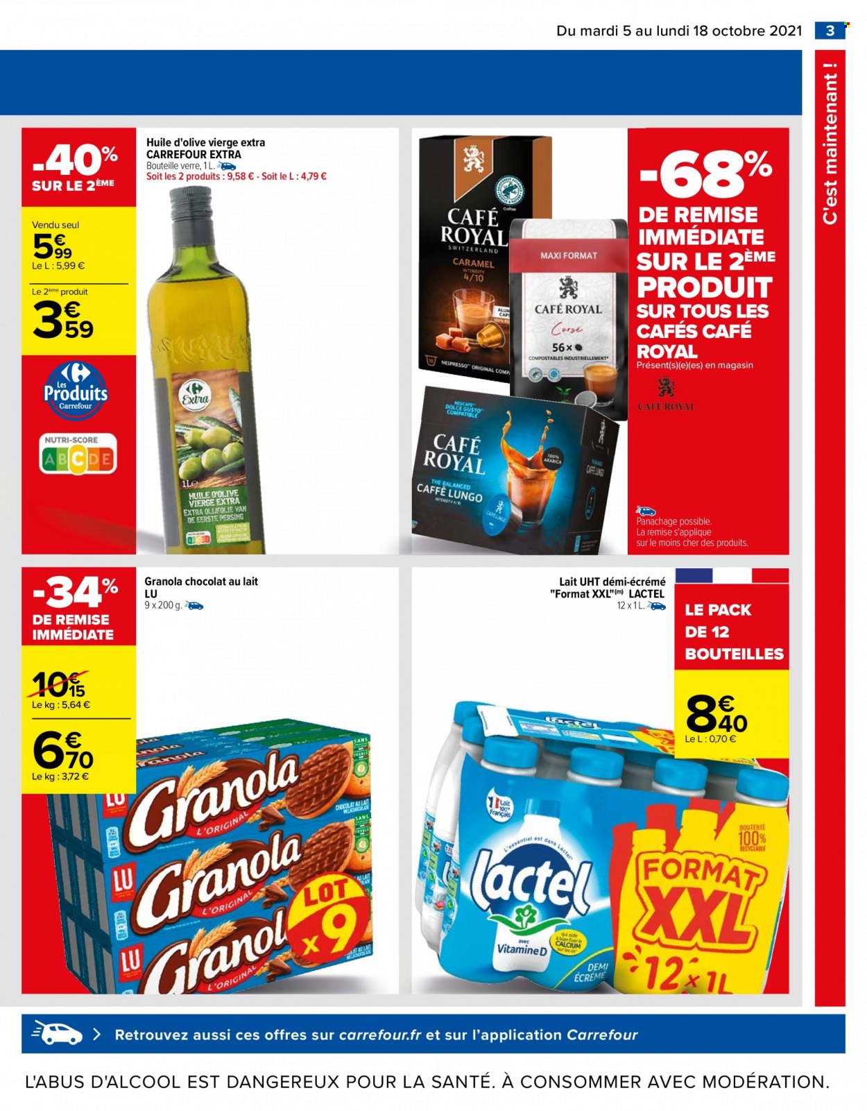 thumbnail - Catalogue Carrefour Hypermarchés - 05/10/2021 - 18/10/2021 - Produits soldés - Lactel, granola, LU, huile, huile d'olive vierge extra, huile d'olive, café, verre. Page 3.