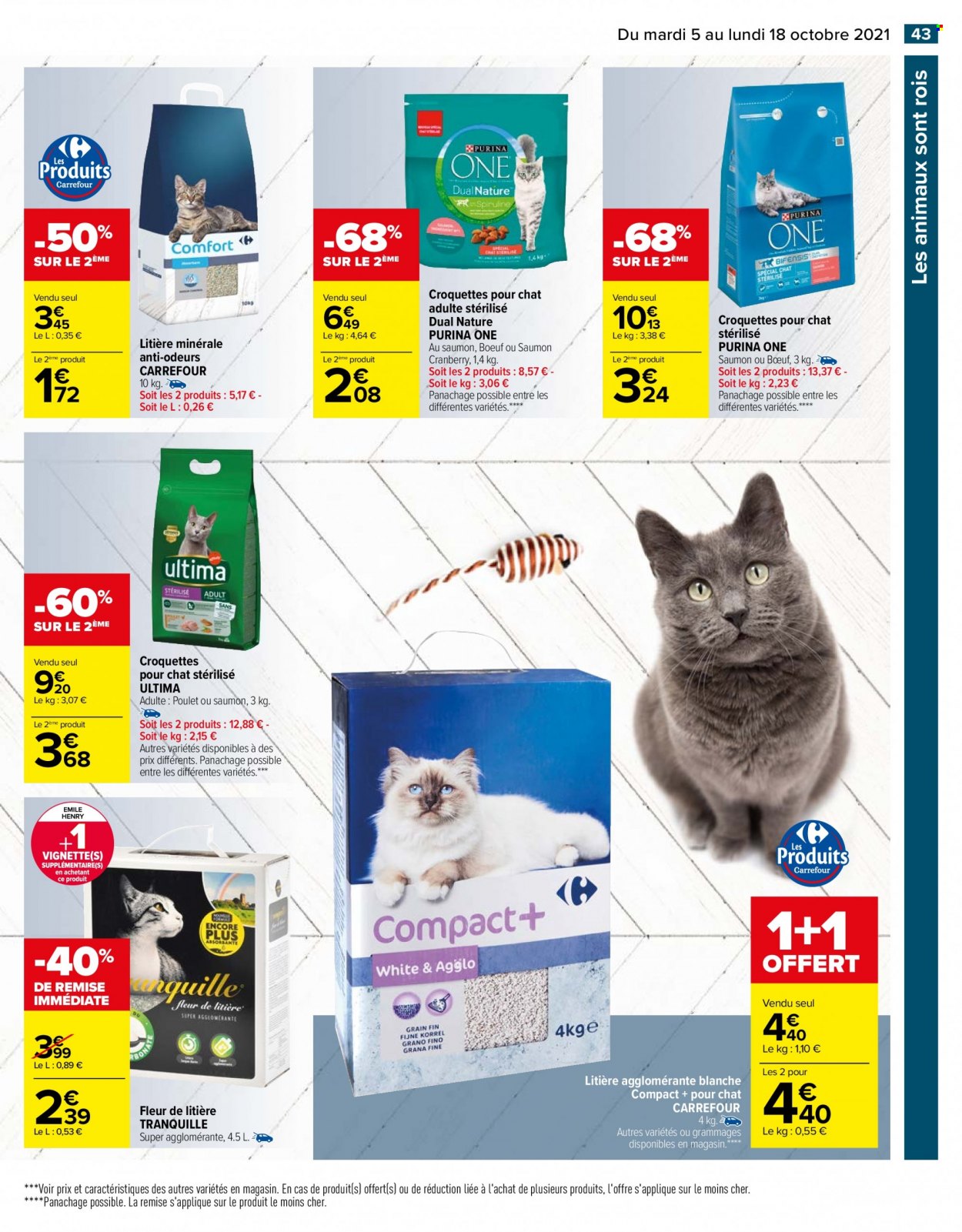 thumbnail - Catalogue Carrefour Hypermarchés - 05/10/2021 - 18/10/2021 - Produits soldés - litière, croquettes chat, Purina. Page 43.
