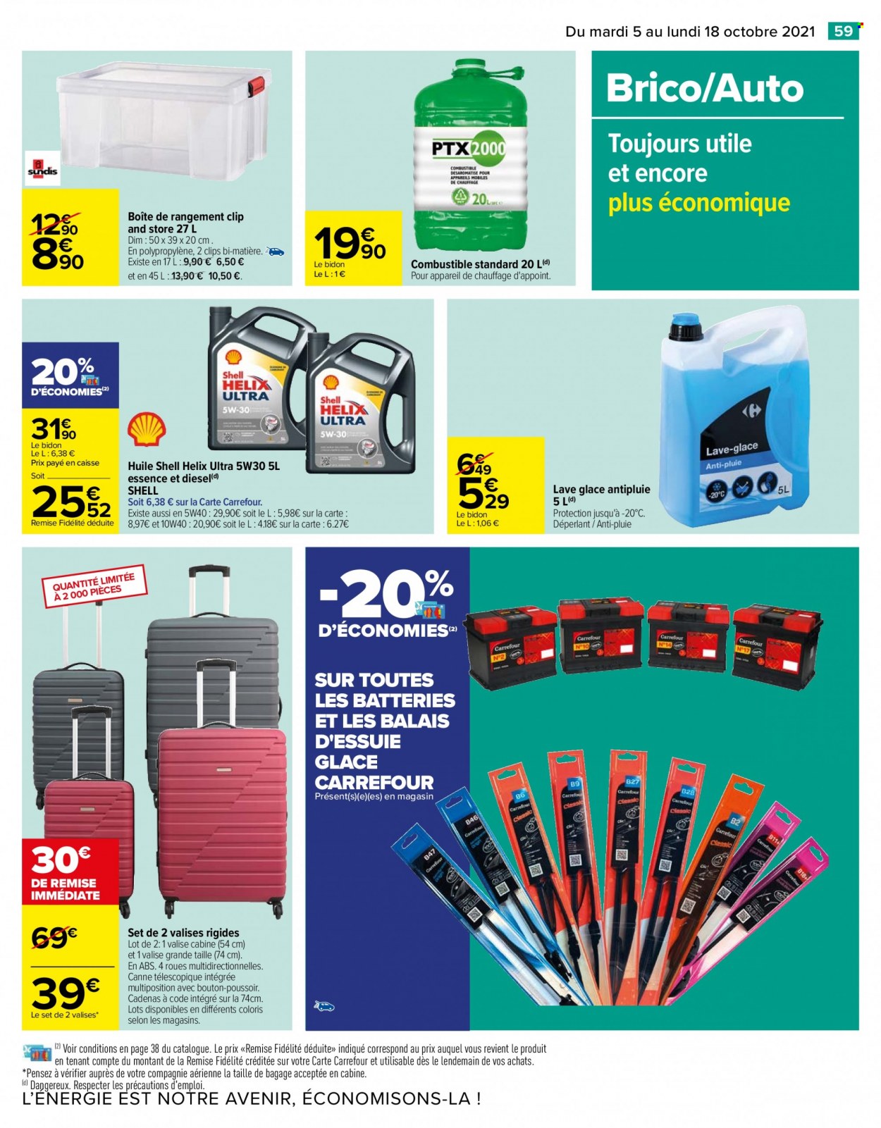 thumbnail - Catalogue Carrefour Hypermarchés - 05/10/2021 - 18/10/2021 - Produits soldés - boîte de rangement, huile, valise, lave glace. Page 59.