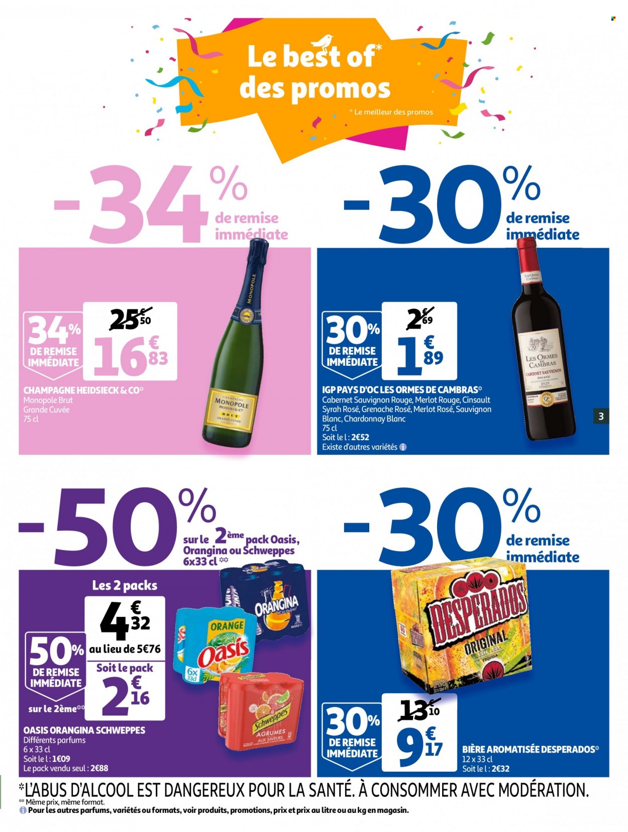 thumbnail - Catalogue Auchan - 06/10/2021 - 12/10/2021 - Produits soldés - bière, Oasis, Orangina, Schweppes, champagne, vin blanc, vin rouge, Sauvignon Blanc, vin, Cabernet Sauvignon. Page 3.