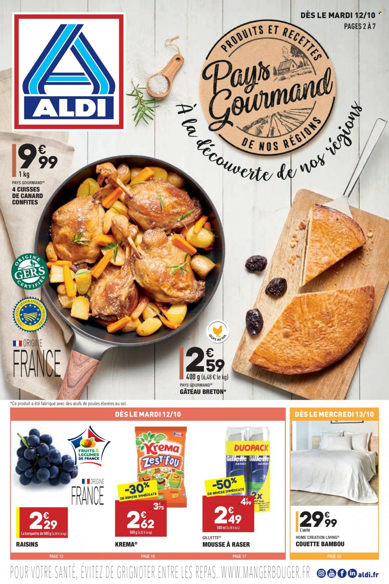 thumbnail - Catalogue ALDI - 12/10/2021 - 18/10/2021 - Produits soldés - bière, Zest, gâteau, cuisse de canard, raisins, Gillette, mousse à raser, couette, bambou. Page 1.