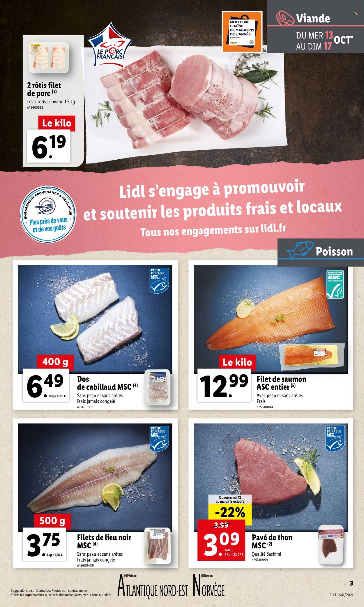 thumbnail - Catalogue Lidl - 13/10/2021 - 19/10/2021 - Produits soldés - rôti de porc, viande de porc, cabillaud, pavés de saumon, pavé de thon. Page 3.