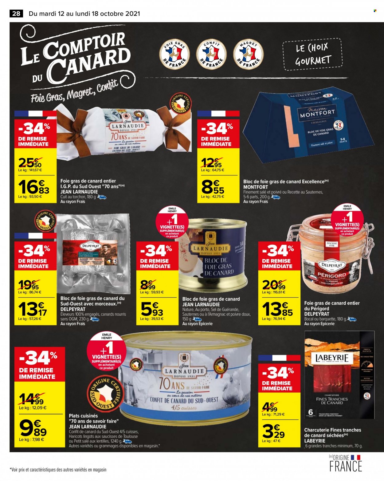 thumbnail - Catalogue Carrefour Hypermarchés - 12/10/2021 - 18/10/2021 - Produits soldés - Labeyrie, foie gras, confit de canard, plat cuisiné, saucisse, haricots, bocal, jeans. Page 28.