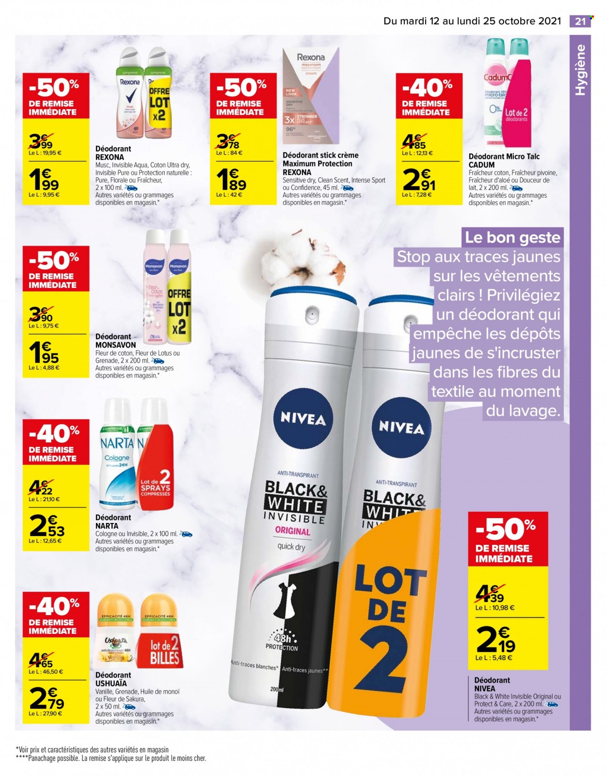 thumbnail - Catalogue Carrefour Hypermarchés - 12/10/2021 - 25/10/2021 - Produits soldés - Nivea, déodorant, desodorisant, Rexona, pivoine. Page 21.