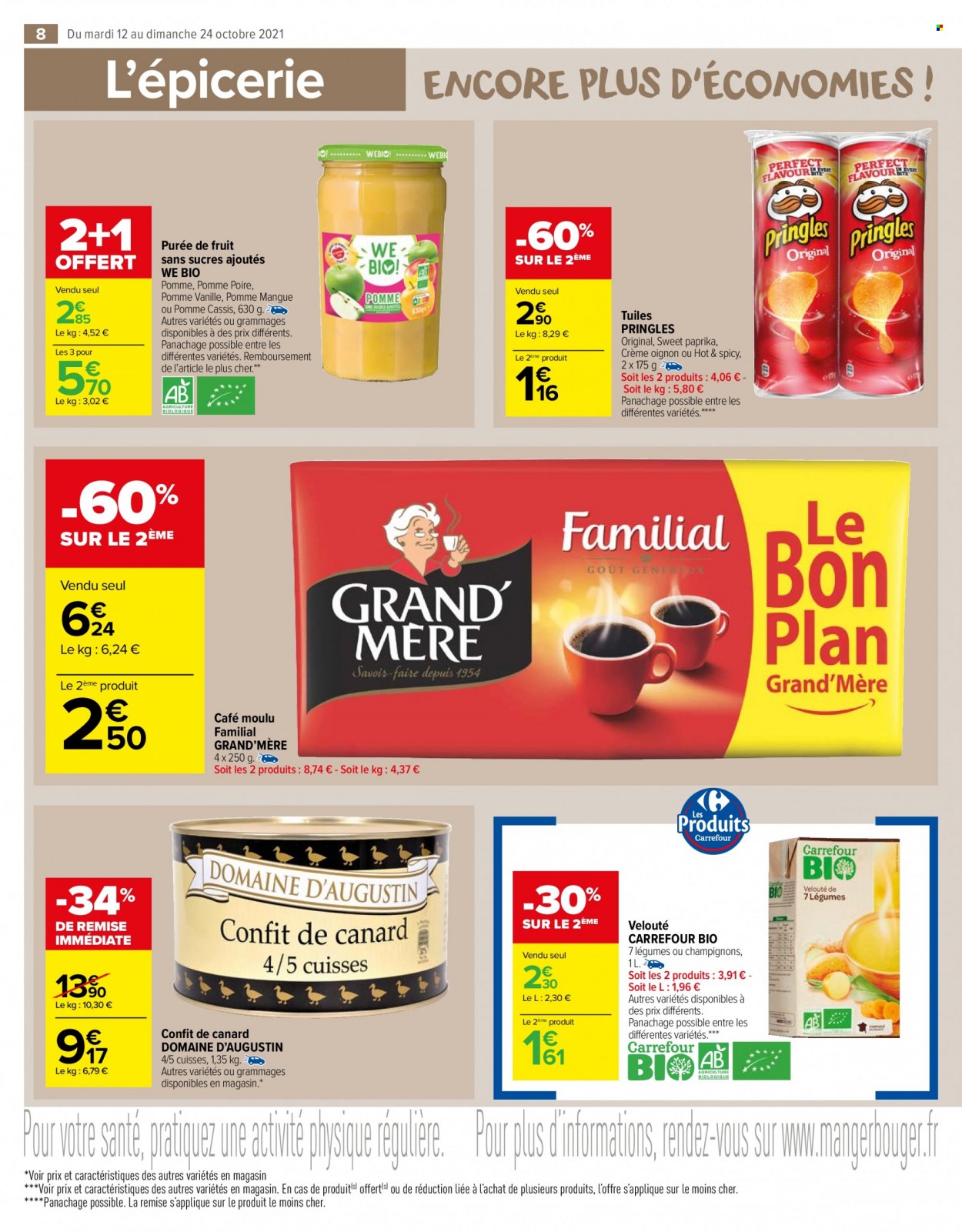 thumbnail - Catalogue Carrefour Market - 12/10/2021 - 24/10/2021 - Produits soldés - mangue, confit de canard, tuiles, chips, Pringles, café, café moulu. Page 8.