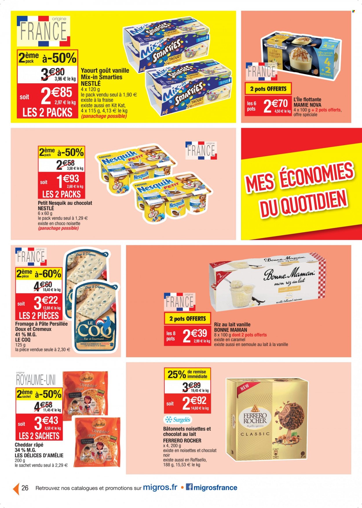 thumbnail - Catalogue Migros France - 12/10/2021 - 17/10/2021 - Produits soldés - fromage, yaourt, Nestlé, Nesquik, riz au lait, Mamie Nova, Ferrero Rocher, Smarties, Raffaello, KitKat. Page 26.