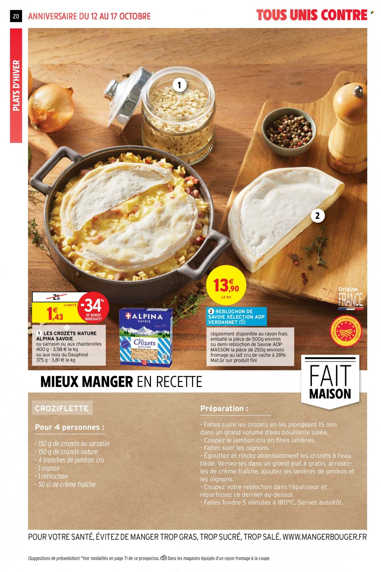 thumbnail - Catalogue Intermarché Hyper - 12/10/2021 - 17/10/2021 - Produits soldés - oignons, jambon sec, fromage, Reblochon, Crozets de Savoie, Alpina Savoie. Page 20.