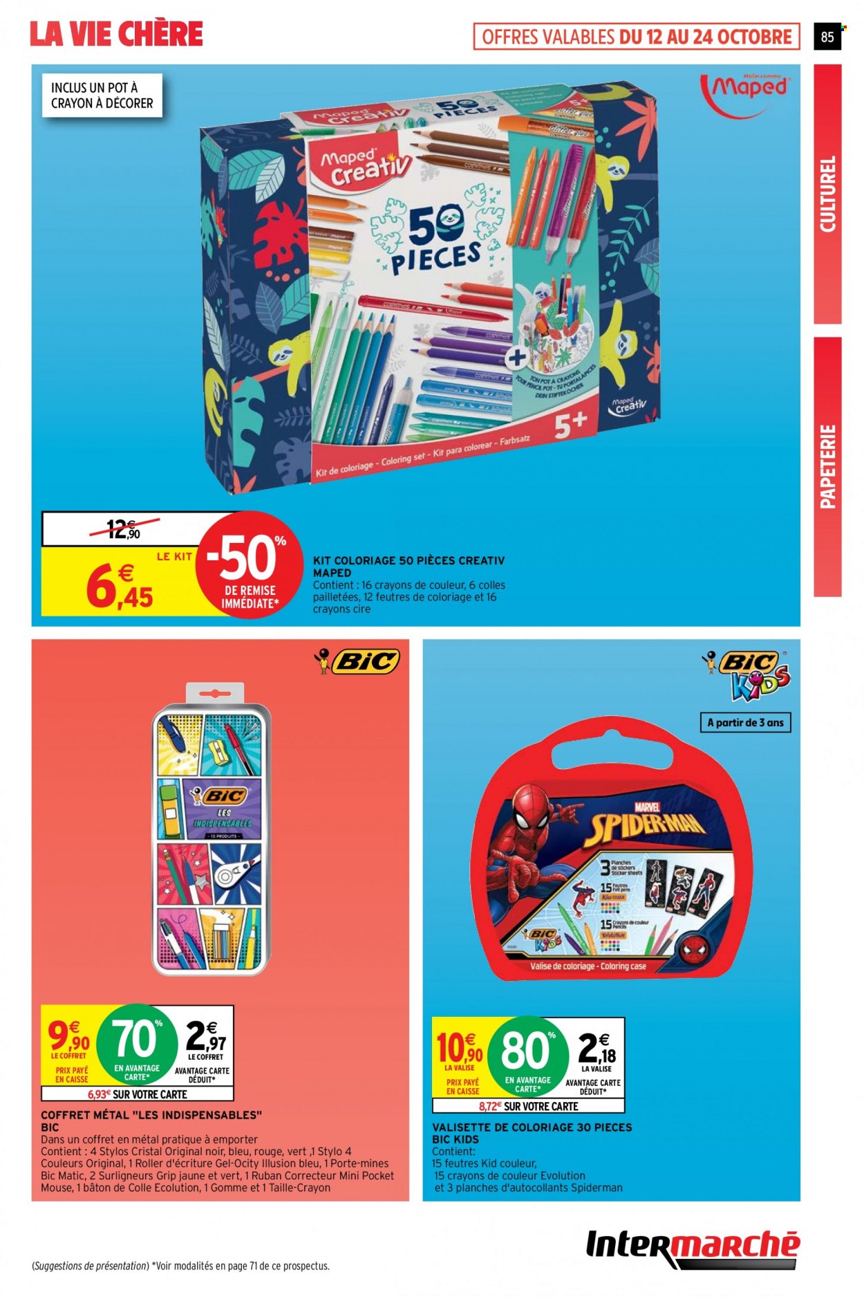 thumbnail - Catalogue Intermarché Hyper - 12/10/2021 - 17/10/2021 - Produits soldés - correcteur, crayon, Spiderman, BIC, taille-crayon, surligneur, stylo, feutre, tube de colle, coloriage, valise. Page 85.