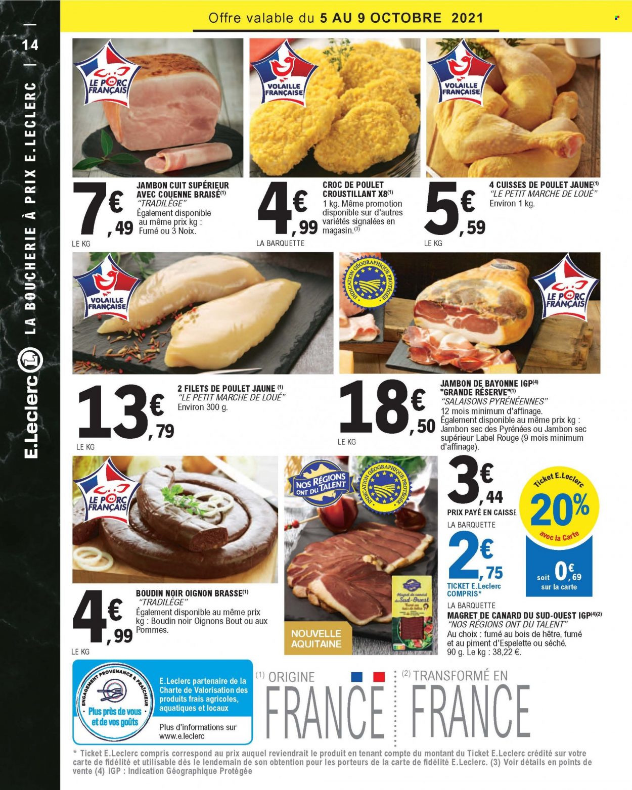 thumbnail - Catalogue E.Leclerc - 05/10/2021 - 16/10/2021 - Produits soldés - oignons, filet de poulet, magret de canard, cuisses de poulet, viande de poulet, jambon sec, boudin de viande, boudin noir. Page 14.
