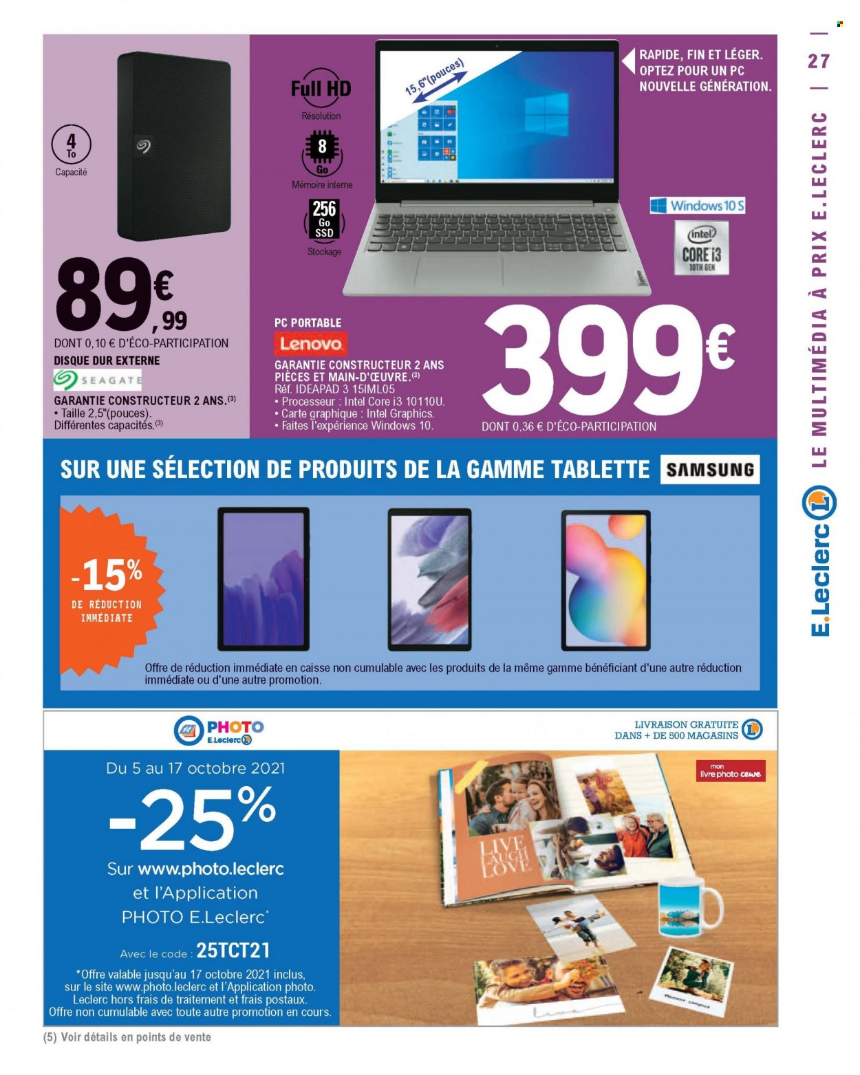thumbnail - Catalogue E.Leclerc - 05/10/2021 - 16/10/2021 - Produits soldés - Samsung, livre photo, Lenovo, pc portable, tablette, disque dur externe. Page 27.
