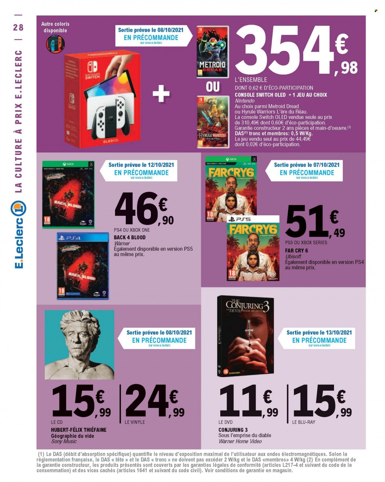 thumbnail - Catalogue E.Leclerc - 05/10/2021 - 16/10/2021 - Produits soldés - DVD, Felix, Sony, Xbox, Xbox One, PS4, PS5. Page 28.
