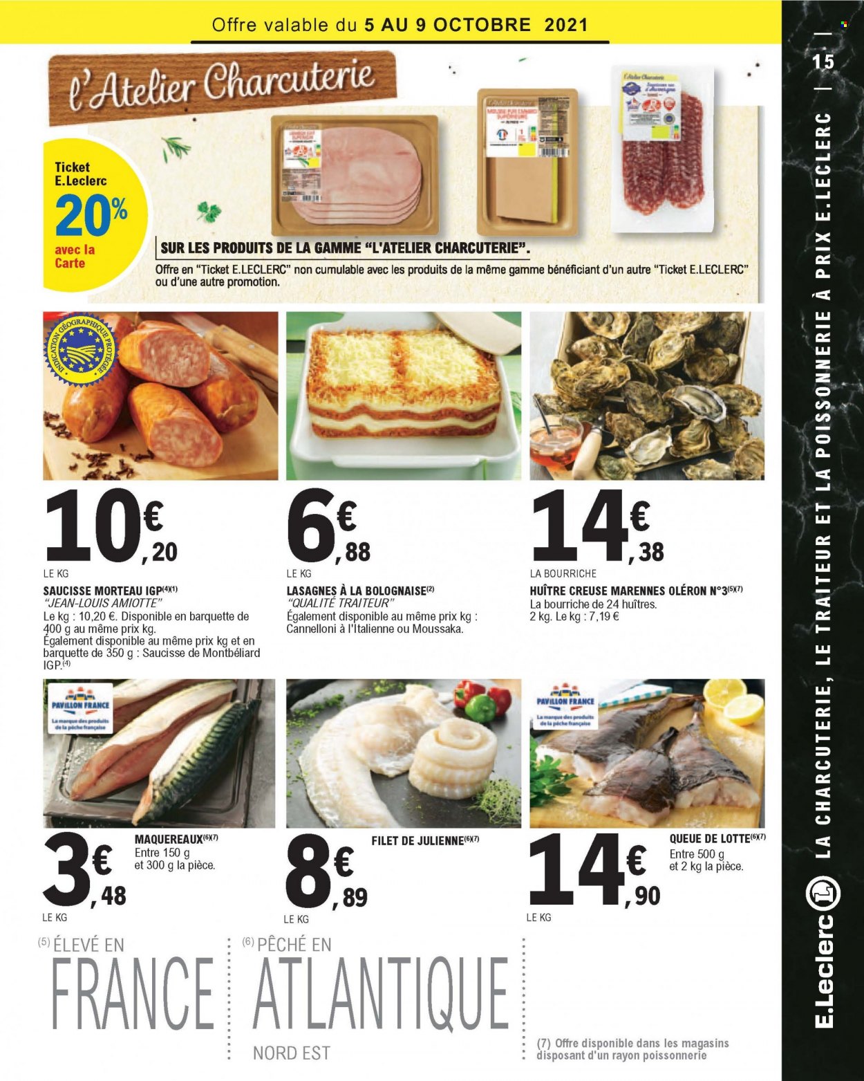 thumbnail - Catalogue E.Leclerc - 05/10/2021 - 16/10/2021 - Produits soldés - huître, queue de lotte, lasagnes, saucisse, jeans. Page 15.