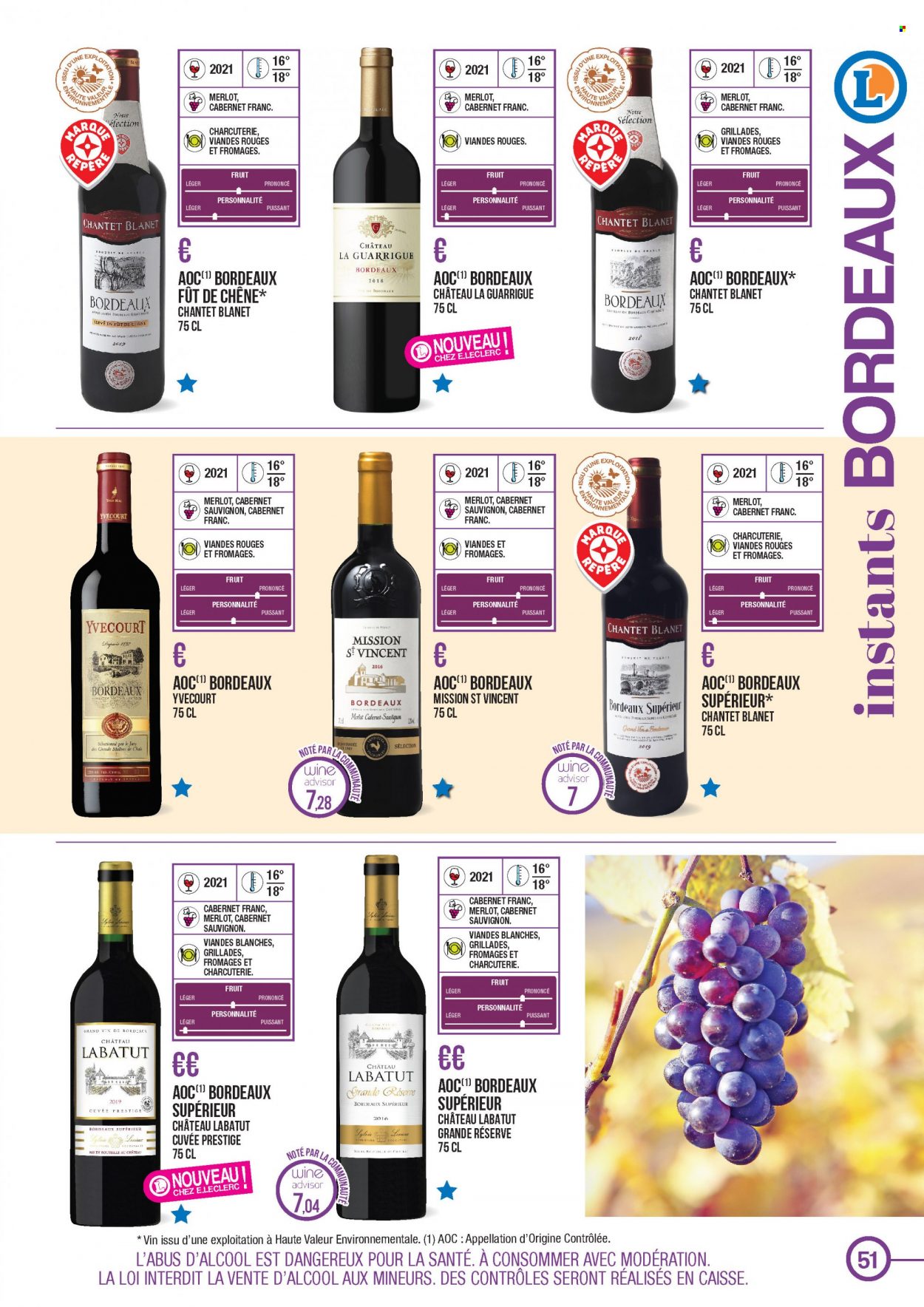 thumbnail - Catalogue E.Leclerc - 22/03/2021 - 31/12/2022 - Produits soldés - Bordeaux, vin blanc, vin rouge, vin, Cabernet Sauvignon. Page 51.