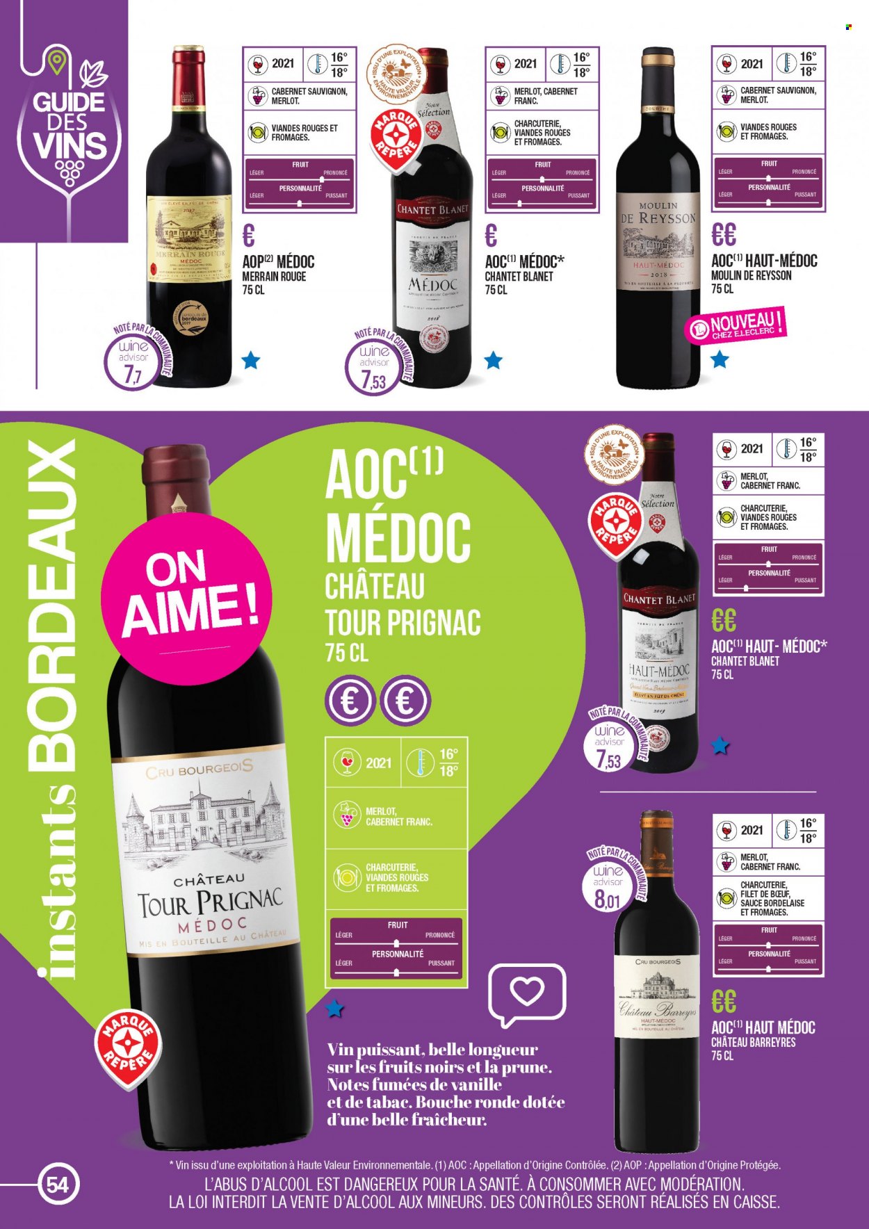 thumbnail - Catalogue E.Leclerc - 22/03/2021 - 31/12/2022 - Produits soldés - Bordeaux, vin blanc, vin rouge, vin, Cabernet Sauvignon. Page 54.