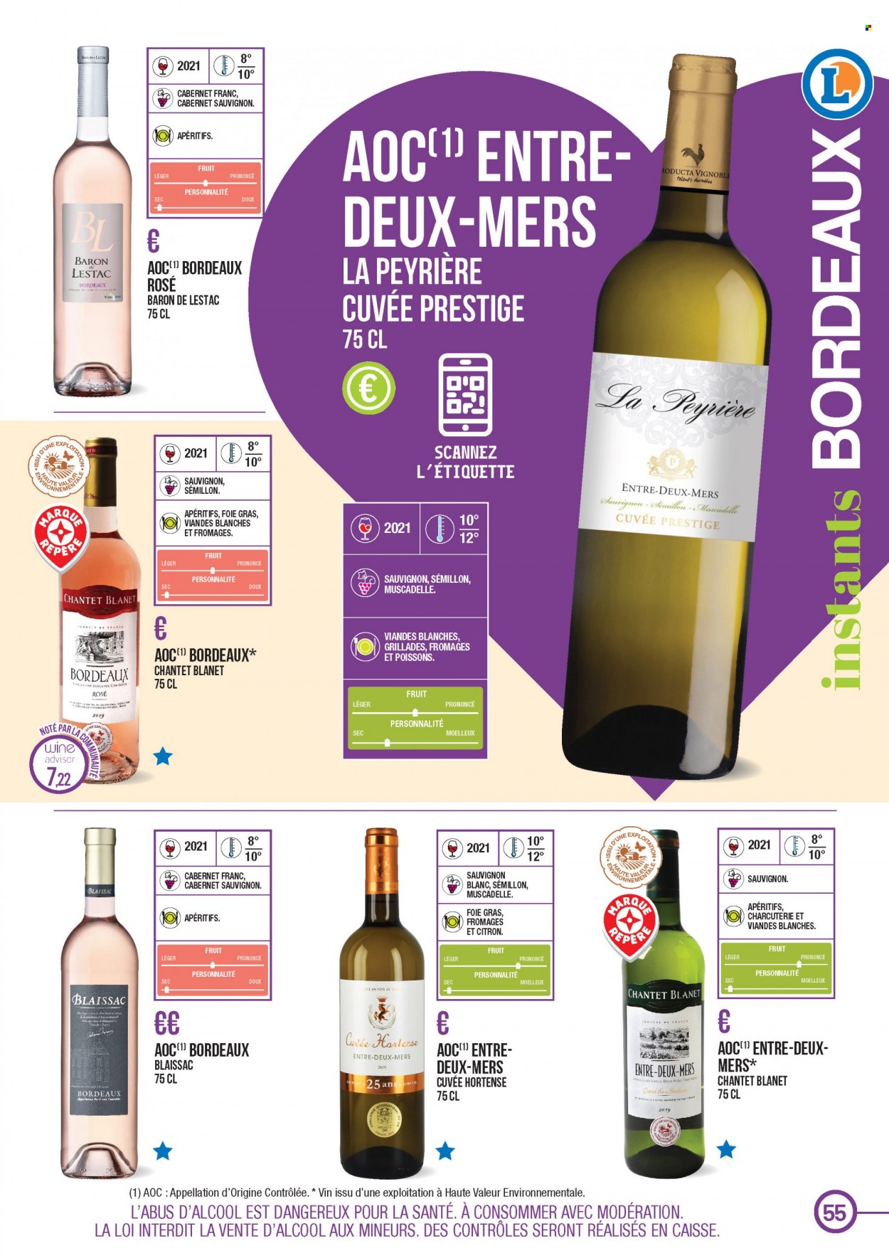 thumbnail - Catalogue E.Leclerc - 22/03/2021 - 31/12/2022 - Produits soldés - Bordeaux, vin rouge, Sauvignon Blanc, vin, Cabernet Sauvignon. Page 55.