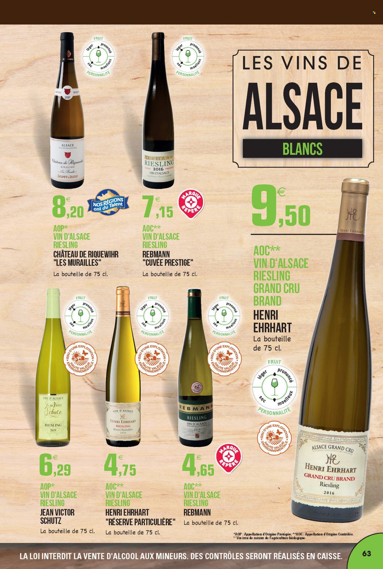 thumbnail - Catalogue E.Leclerc - 30/08/2021 - 31/12/2022 - Produits soldés - vin blanc, vin d’Alsace, Riesling, jeans. Page 63.