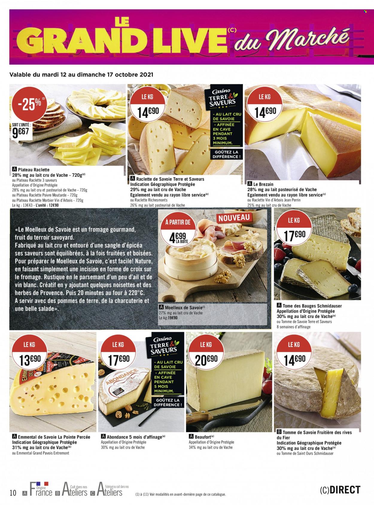 thumbnail - Catalogue Géant Casino - 11/10/2021 - 24/10/2021 - Produits soldés - Beaufort, fromage à raclette, RichesMonts, La Raclette, Morbier, brézain, noisettes. Page 10.