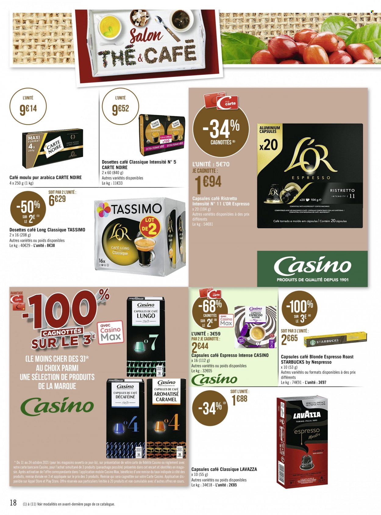 thumbnail - Catalogue Géant Casino - 11/10/2021 - 24/10/2021 - Produits soldés - café, café moulu, Lavazza, café capsules, Carte Noire, Starbucks. Page 18.