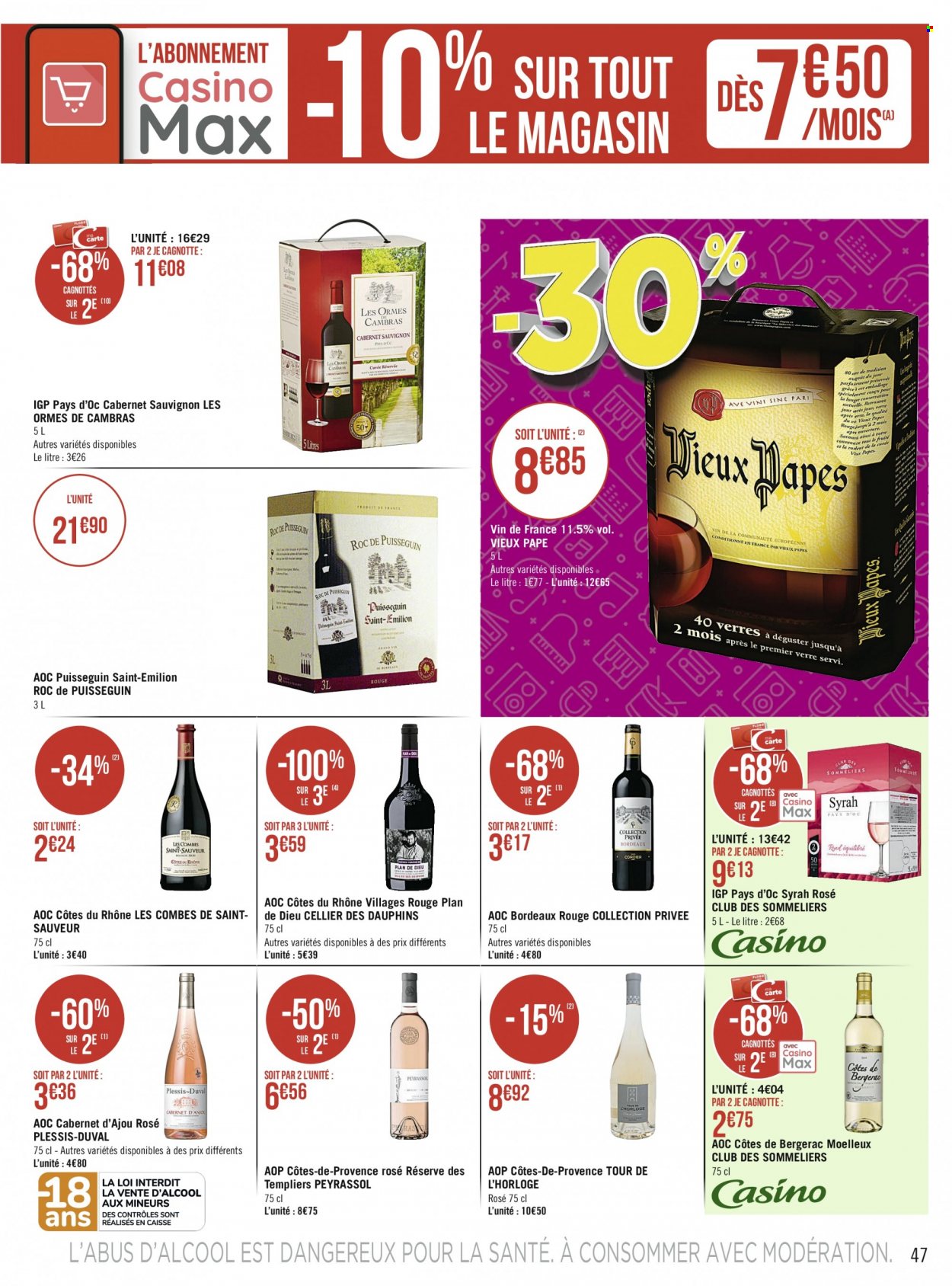 thumbnail - Catalogue Géant Casino - 11/10/2021 - 24/10/2021 - Produits soldés - Bordeaux, Côtes du Rhône, vin blanc, vin rouge, vin, Cabernet Sauvignon, Côtes de Bergerac. Page 47.