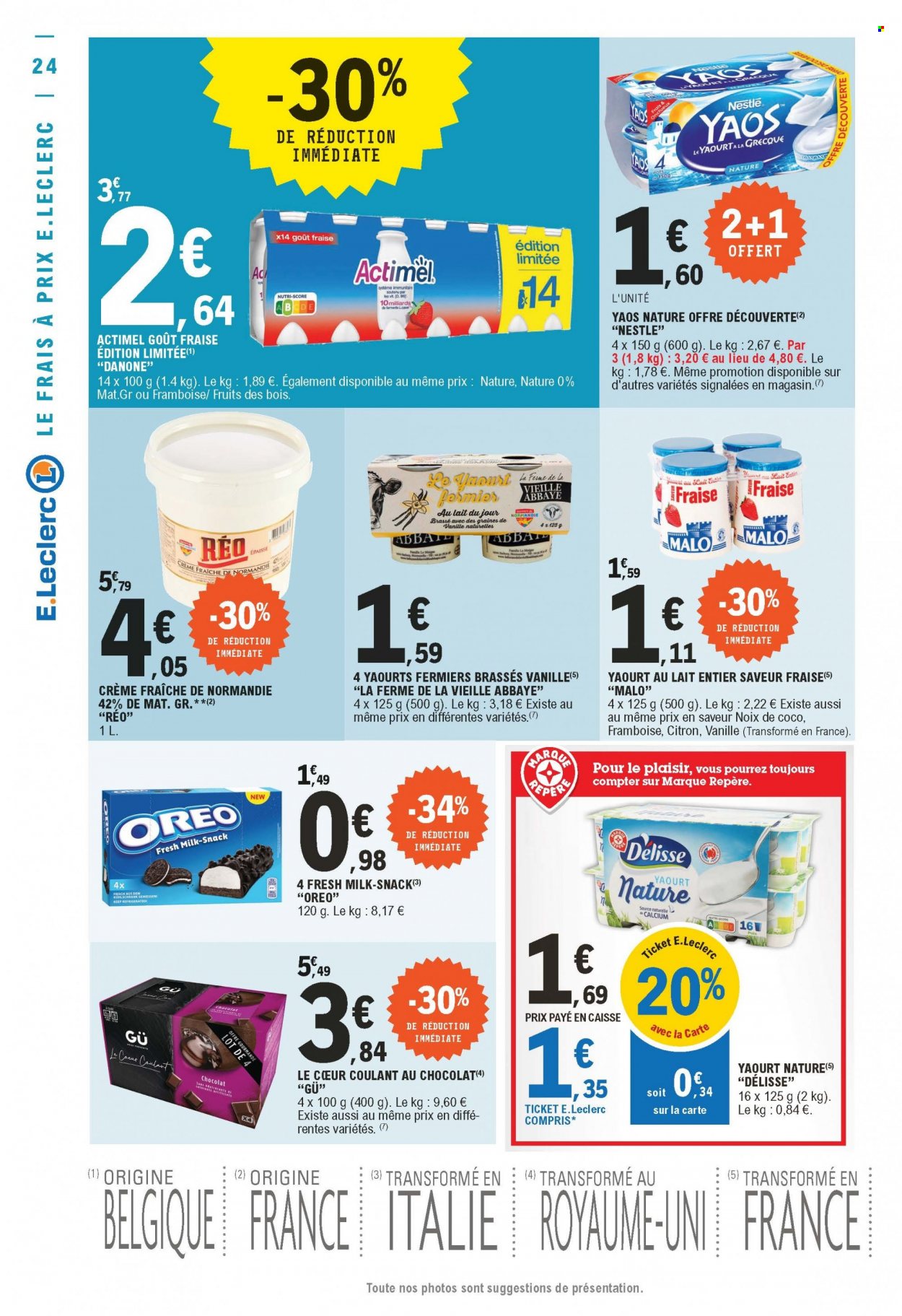 thumbnail - Catalogue E.Leclerc - 12/10/2021 - 23/10/2021 - Produits soldés - yaourt, Danone, Nestlé, Yaos, collation au lait, Oreo, Actimel, Délisse, crème fraîche. Page 24.