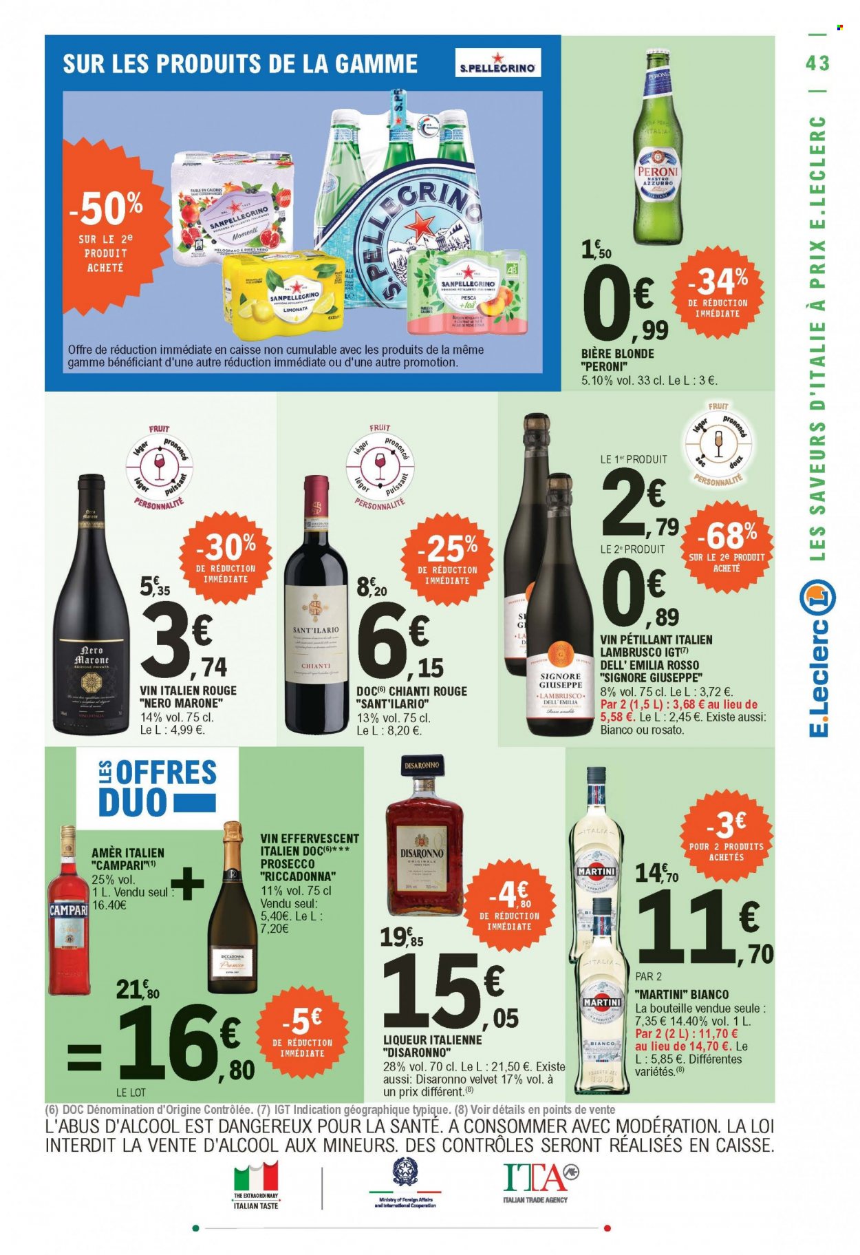 thumbnail - Catalogue E.Leclerc - 12/10/2021 - 23/10/2021 - Produits soldés - Peroni, bière, bière blonde, Prosecco, vin, Martini, liqueur, Amer, Campari, Dell. Page 43.