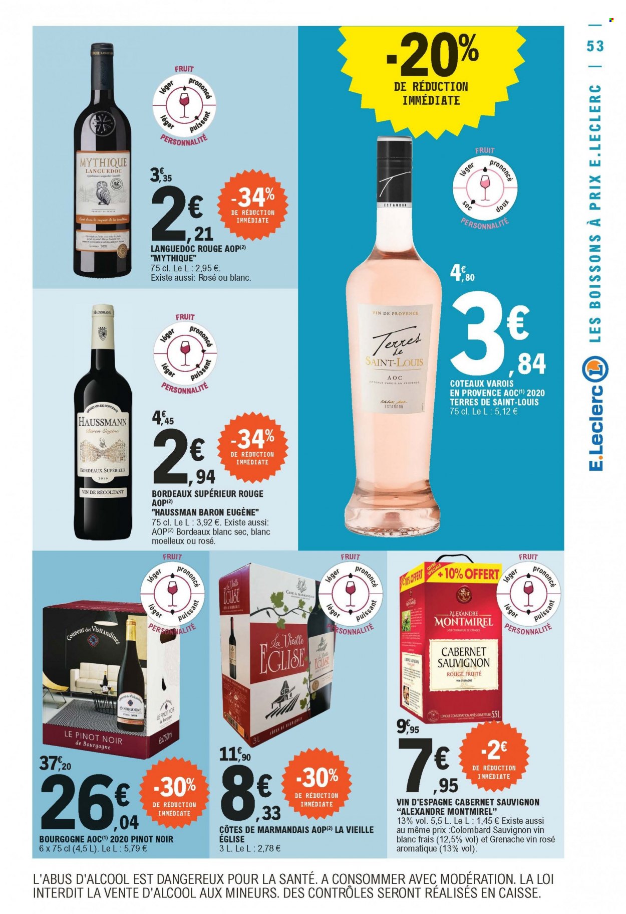thumbnail - Catalogue E.Leclerc - 12/10/2021 - 23/10/2021 - Produits soldés - Bordeaux, vin blanc, vin rouge, vin, Cabernet Sauvignon. Page 53.