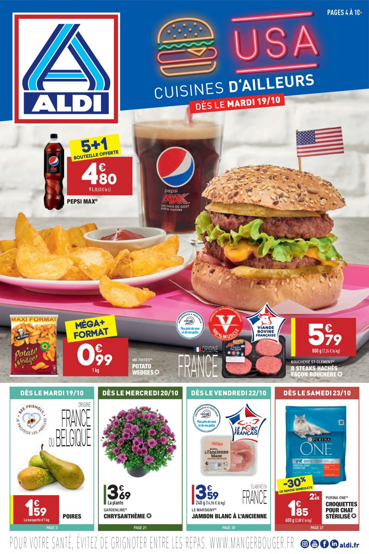 thumbnail - Catalogue ALDI - 19/10/2021 - 25/10/2021 - Produits soldés - poire, steak haché, viande hachée, jambon, jambon blanc, frites, Pepsi, croquettes chat, Purina, chrysanthème. Page 1.