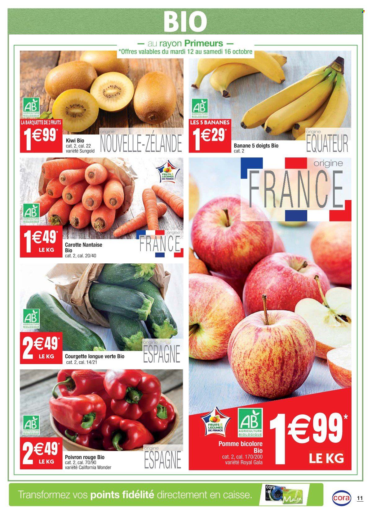 thumbnail - Catalogue Cora - 12/10/2021 - 18/10/2021 - Produits soldés - pommes, kiwi, bananes, carotte, courgette, poivrons. Page 11.