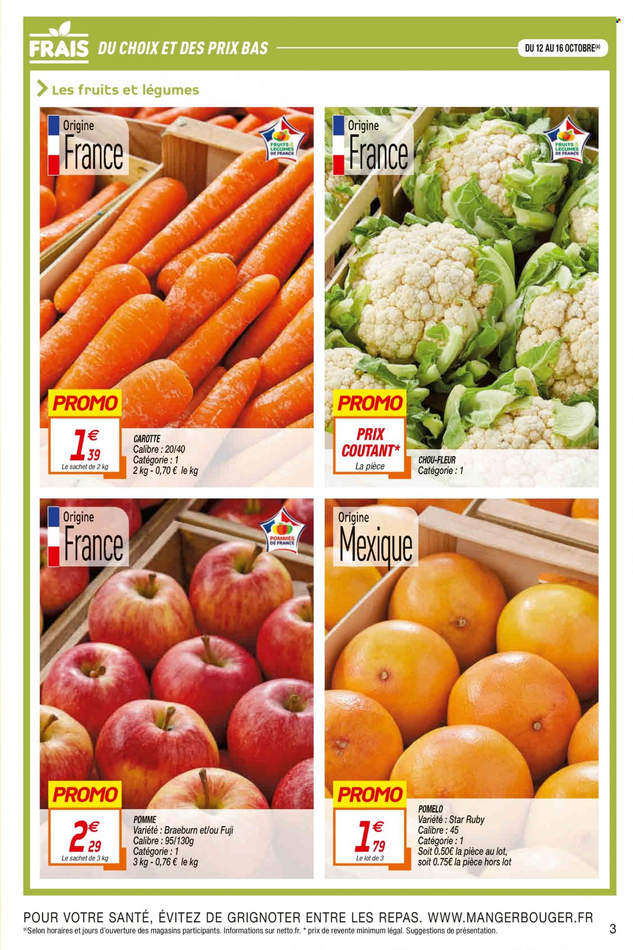 thumbnail - Catalogue Netto - 12/10/2021 - 24/10/2021 - Produits soldés - pommes, pomelo, carotte, chou-fleur, fleur. Page 3.