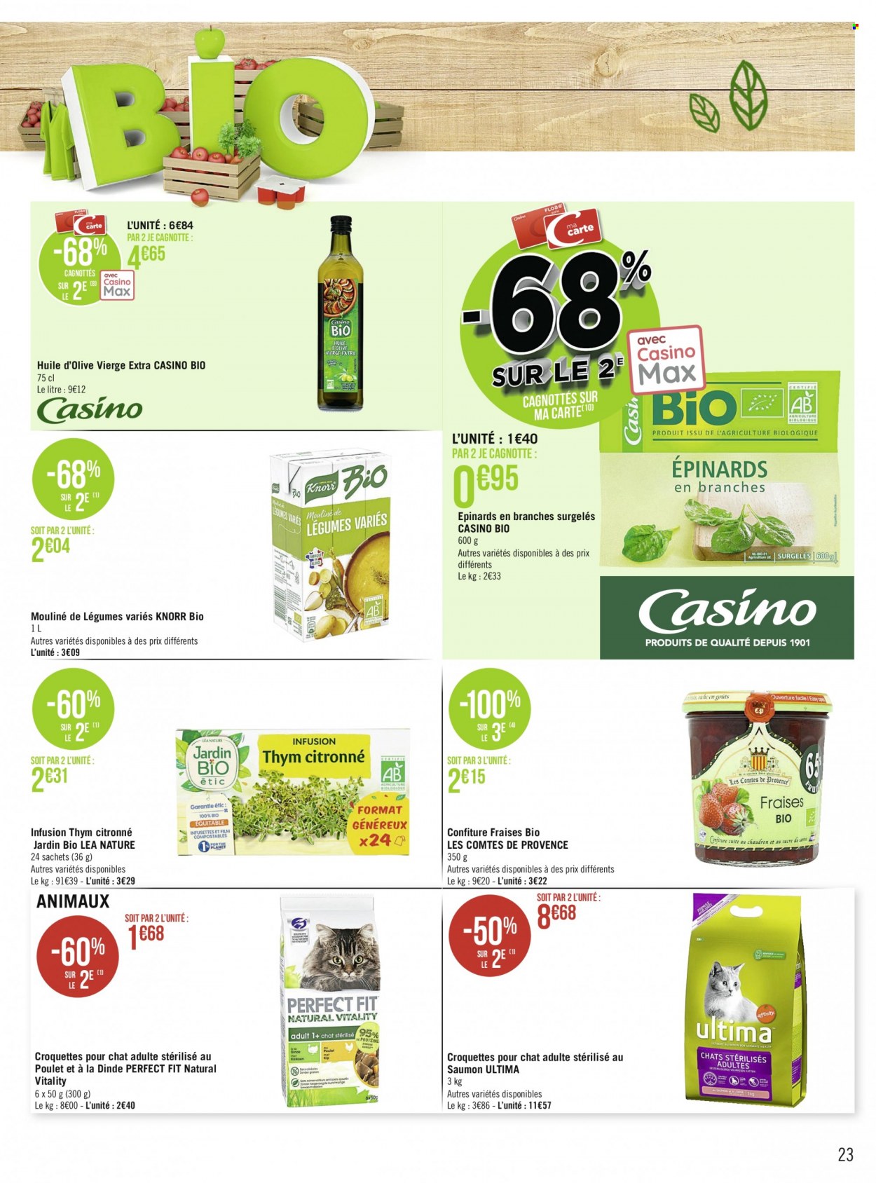 thumbnail - Catalogue EUROSPAR - 11/10/2021 - 24/10/2021 - Produits soldés - Knorr, Jardin BIO, mouliné de légumes, thym, huile, huile d'olive vierge extra, huile d'olive, confiture, croquettes chat. Page 23.